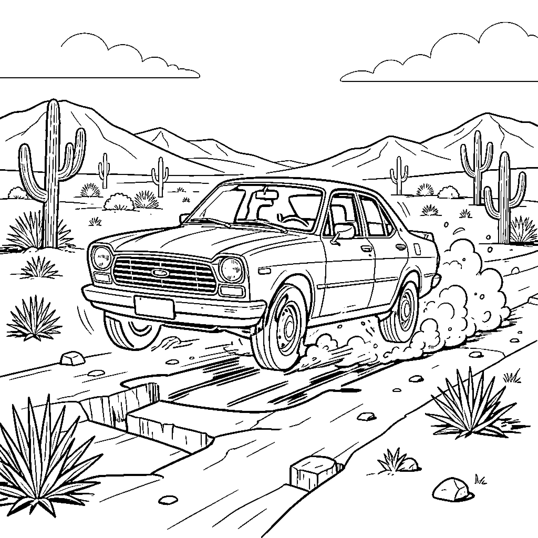 Coche Driving Through Desert Landscape Coloring Page (free black-and-white line drawing printable PDF for all, from beginners to advanced learners, including children, teens, adults, and seniors)