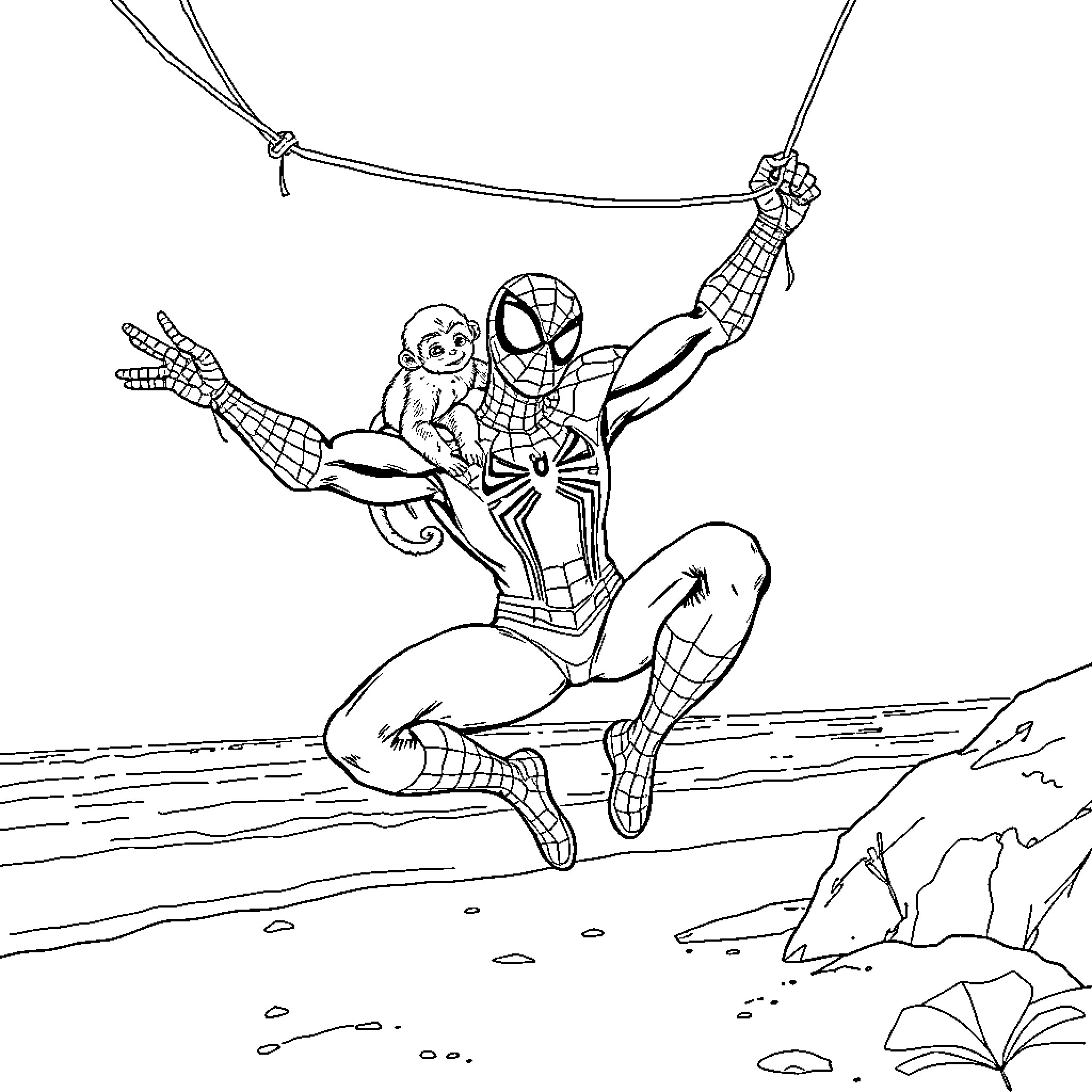 Spider-Man swinging into action with a sidekick Coloring Page (free black-and-white line drawing printable PDF for all, from beginners to advanced learners, including children, teens, adults, and seniors)