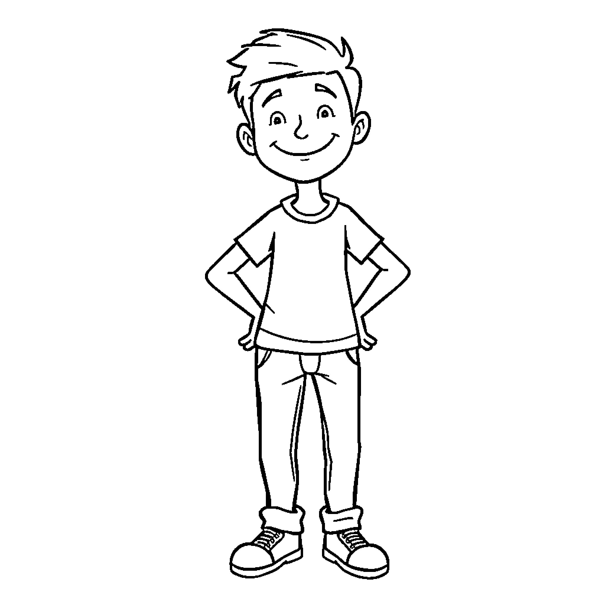 Me standing happily in casual outfit Coloring Page (free black-and-white line drawing printable PDF for all, from beginners to advanced learners, including children, teens, adults, and seniors)