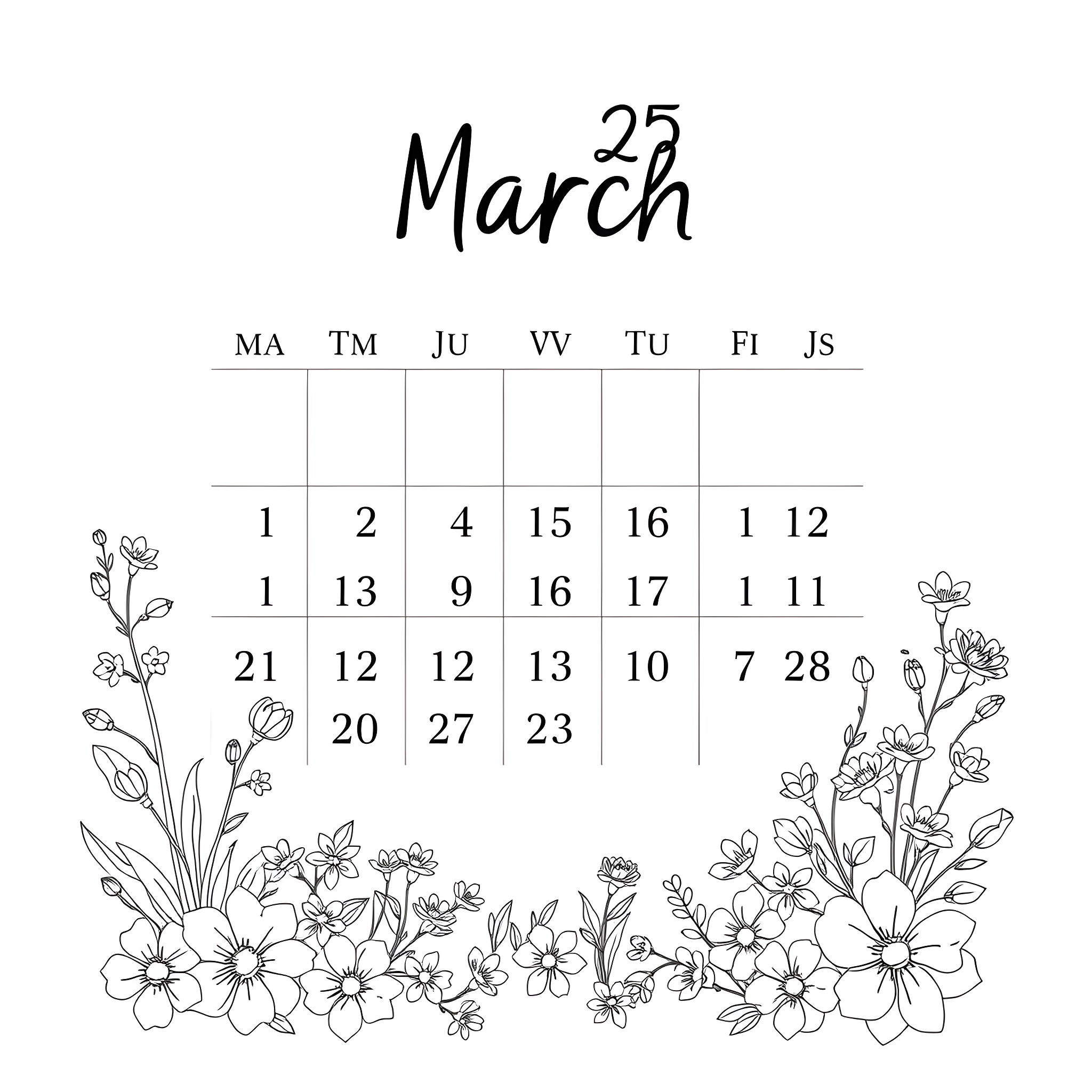 Calendar of flowers blooming in March Coloring Page (free black-and-white line drawing printable PDF for all, from beginners to advanced learners, including children, teens, adults, and seniors)