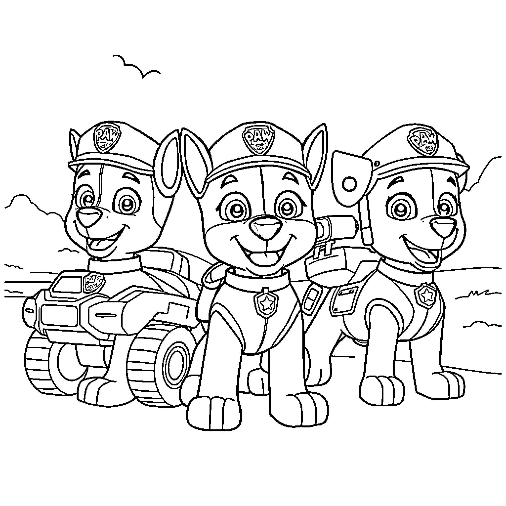 Paw Patrol Pups on Duty Rescue Mission Coloring Page (free black-and-white line drawing printable PDF for all, from beginners to advanced learners, including children, teens, adults, and seniors)
