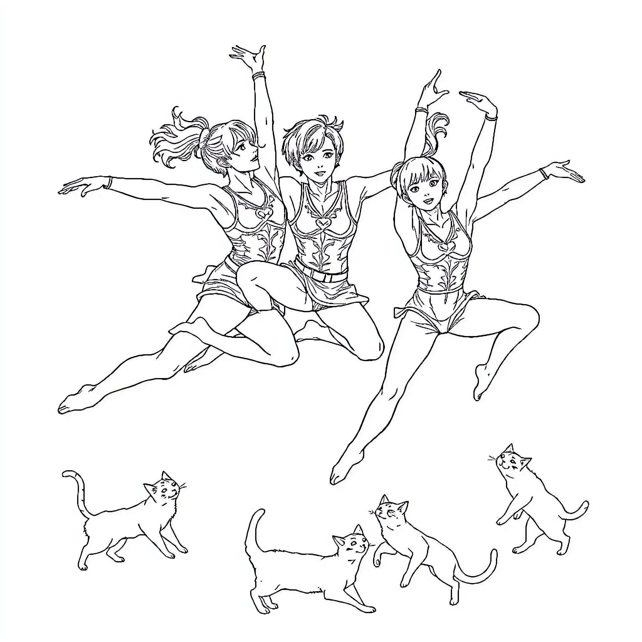 Cat dancers perform acrobatic moves with feline companions Coloring Page (free black-and-white line drawing printable PDF for all, from beginners to advanced learners, including children, teens, adults, and seniors)