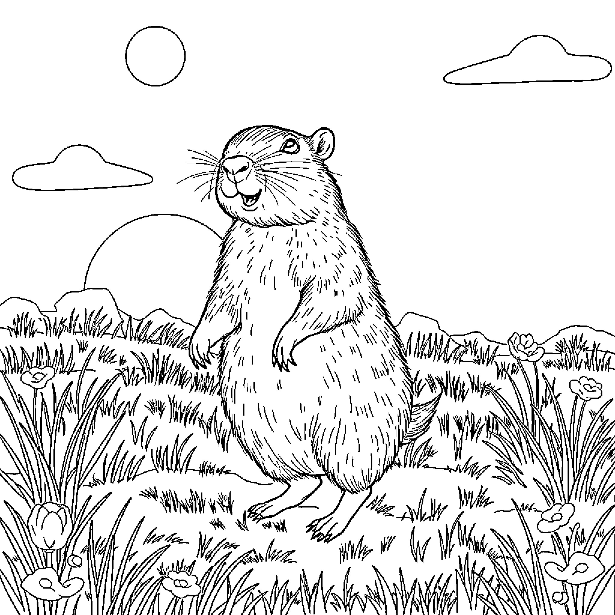Capybara sitting peacefully in a grassy field Coloring Page (free black-and-white line drawing printable PDF for all, from beginners to advanced learners, including children, teens, adults, and seniors)