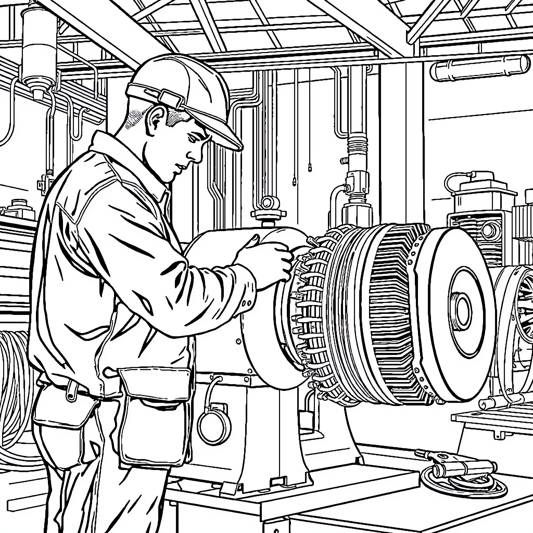 Officer Inspecting Industrial Equipment in Workshop Coloring Page (free black-and-white line drawing printable PDF for all, from beginners to advanced learners, including children, teens, adults, and seniors)