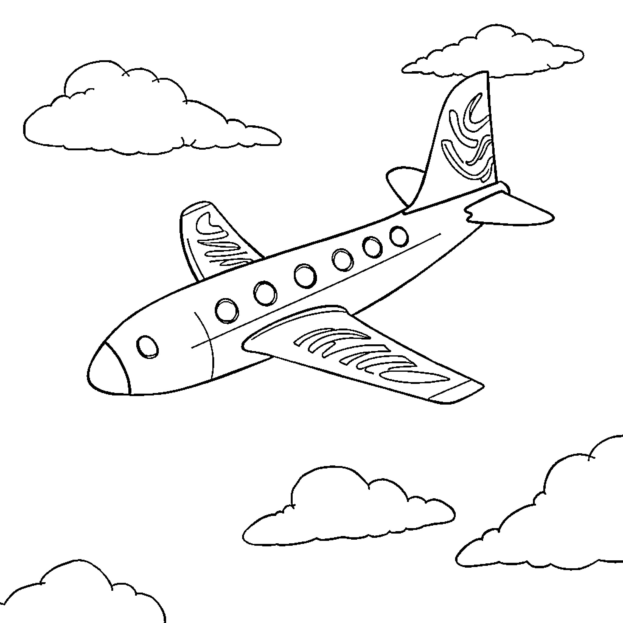 Airplane flying through cloudy skies Coloring Page (free black-and-white line drawing printable PDF for all, from beginners to advanced learners, including children, teens, adults, and seniors)