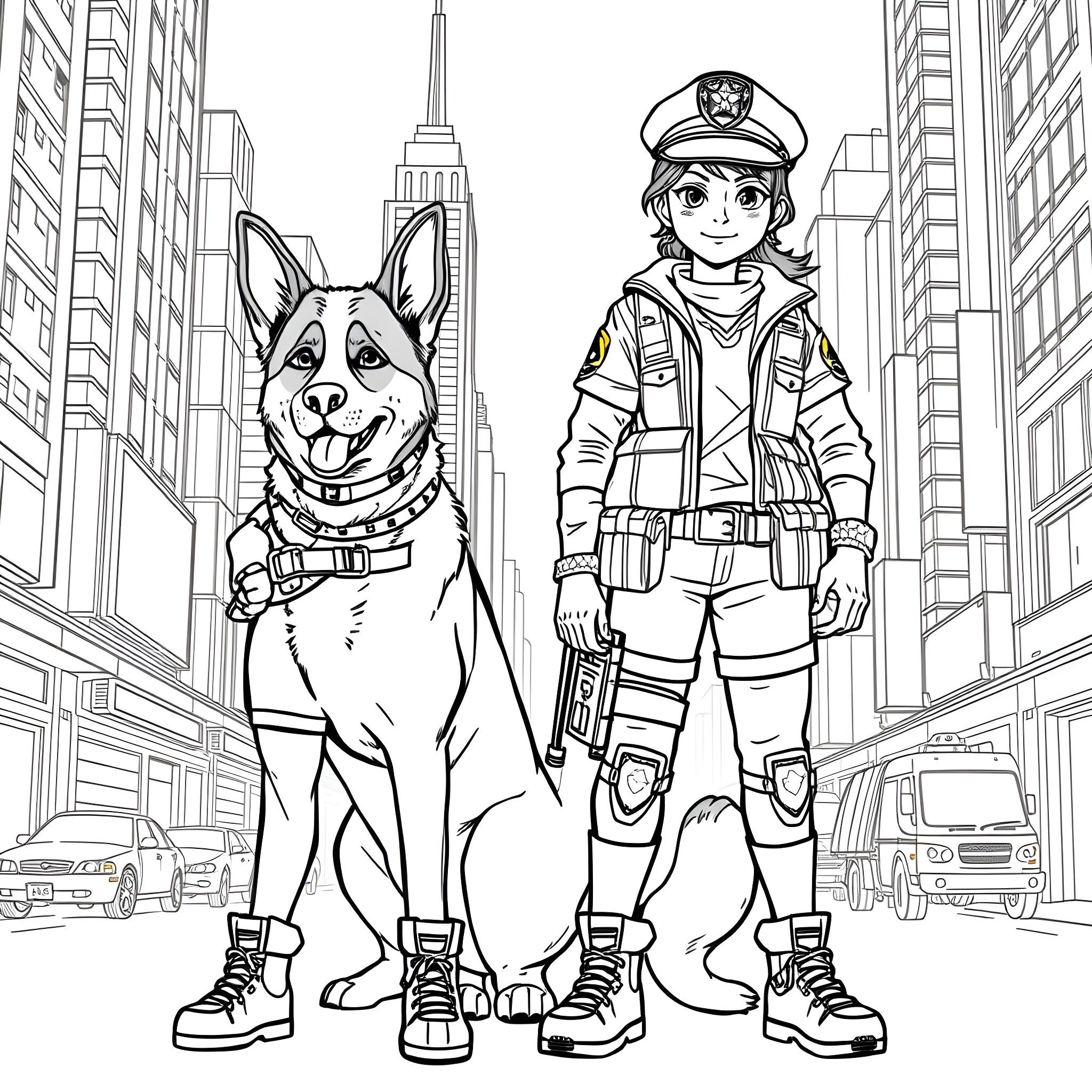 Teen Girl and Police Dog in the City Coloring Page (free black-and-white line drawing printable PDF for all, from beginners to advanced learners, including children, teens, adults, and seniors)