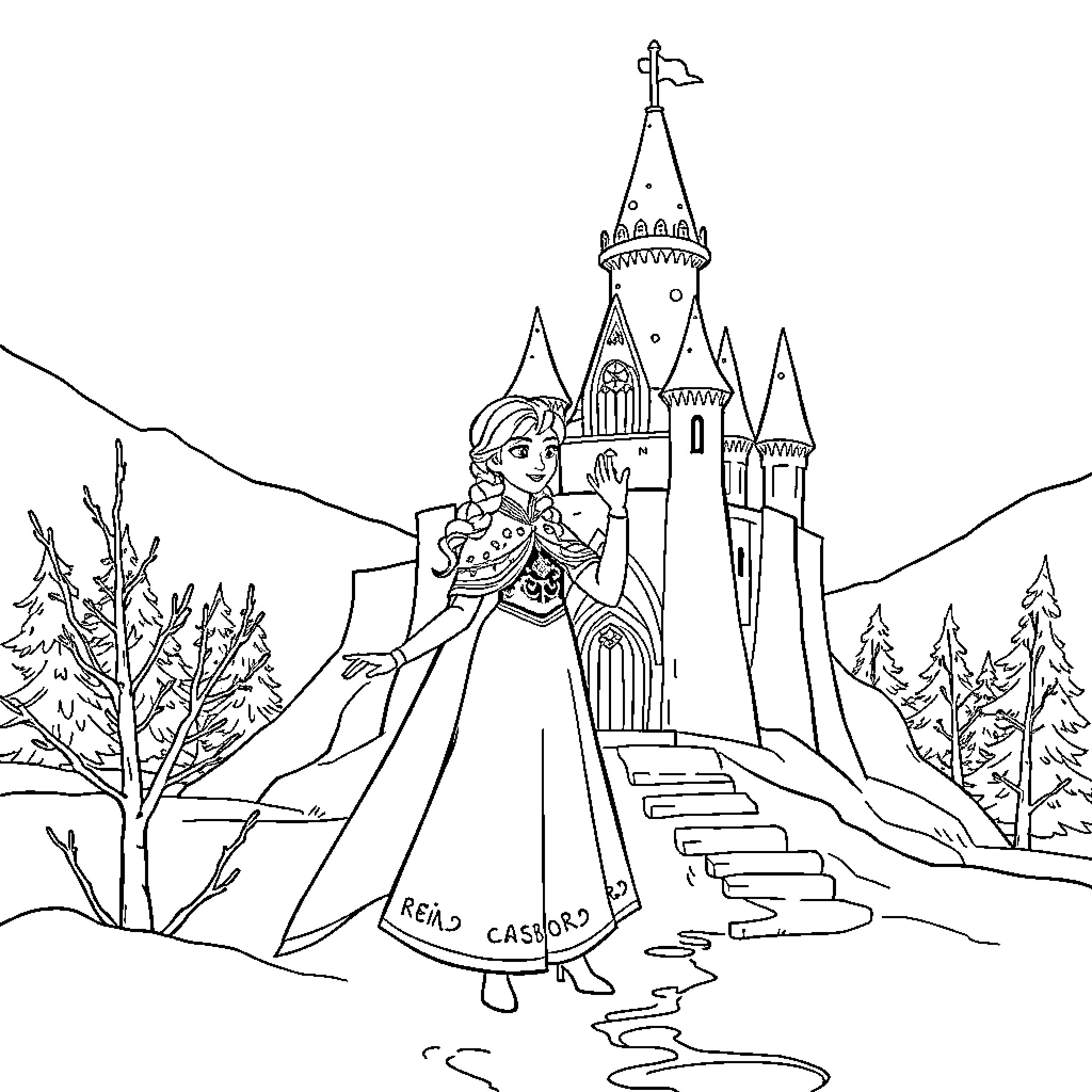 Frozen princess and magical castle in the woods Coloring Page (free black-and-white line drawing printable PDF for all, from beginners to advanced learners, including children, teens, adults, and seniors)