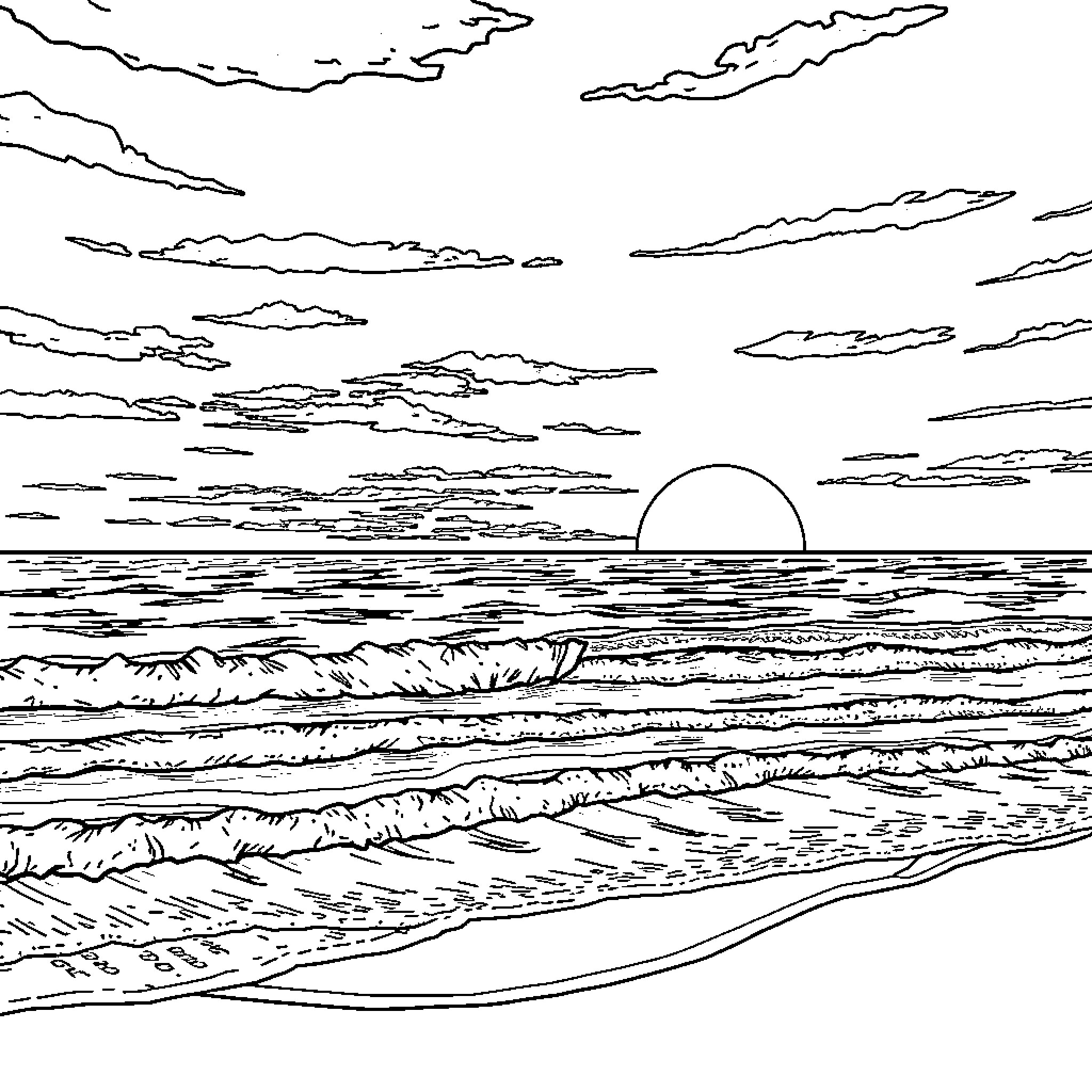 Sunset over the tranquil ocean Coloring Page (free black-and-white line drawing printable PDF for all, from beginners to advanced learners, including children, teens, adults, and seniors)