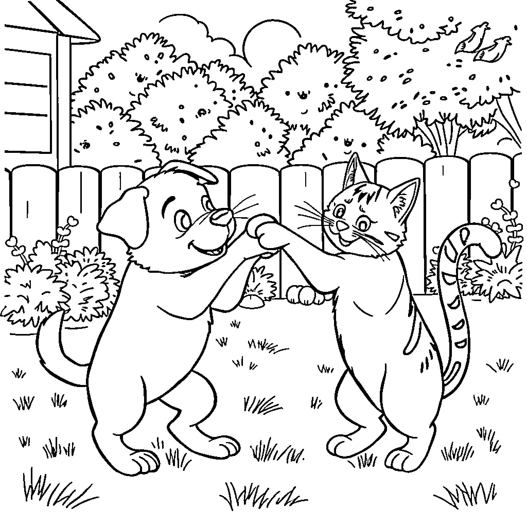 Dog and Cat Playing in the Backyard Coloring Page (free black-and-white line drawing printable PDF for all, from beginners to advanced learners, including children, teens, adults, and seniors)