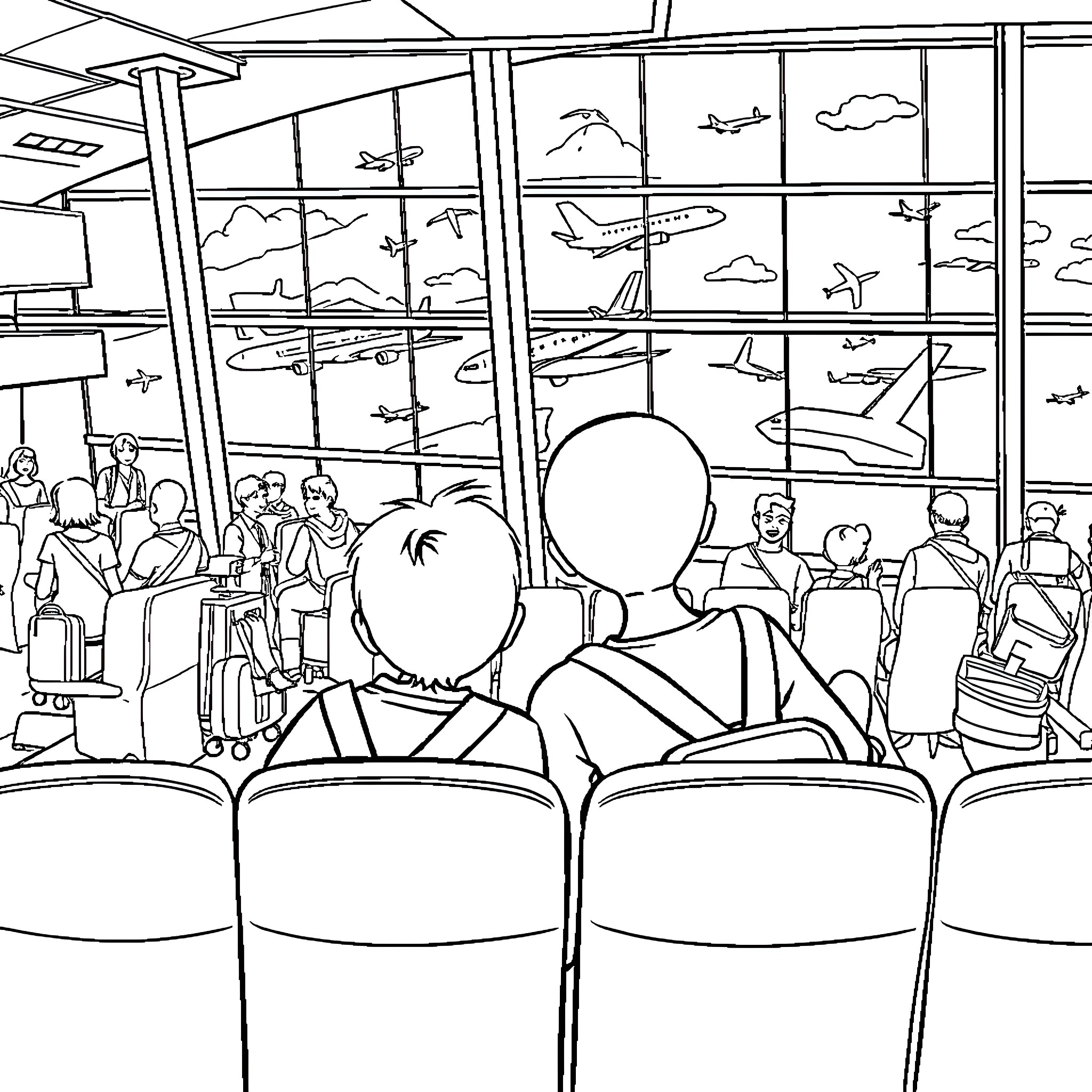Person waiting at the airport with a view of planes Coloring Page (free black-and-white line drawing printable PDF for all, from beginners to advanced learners, including children, teens, adults, and seniors)