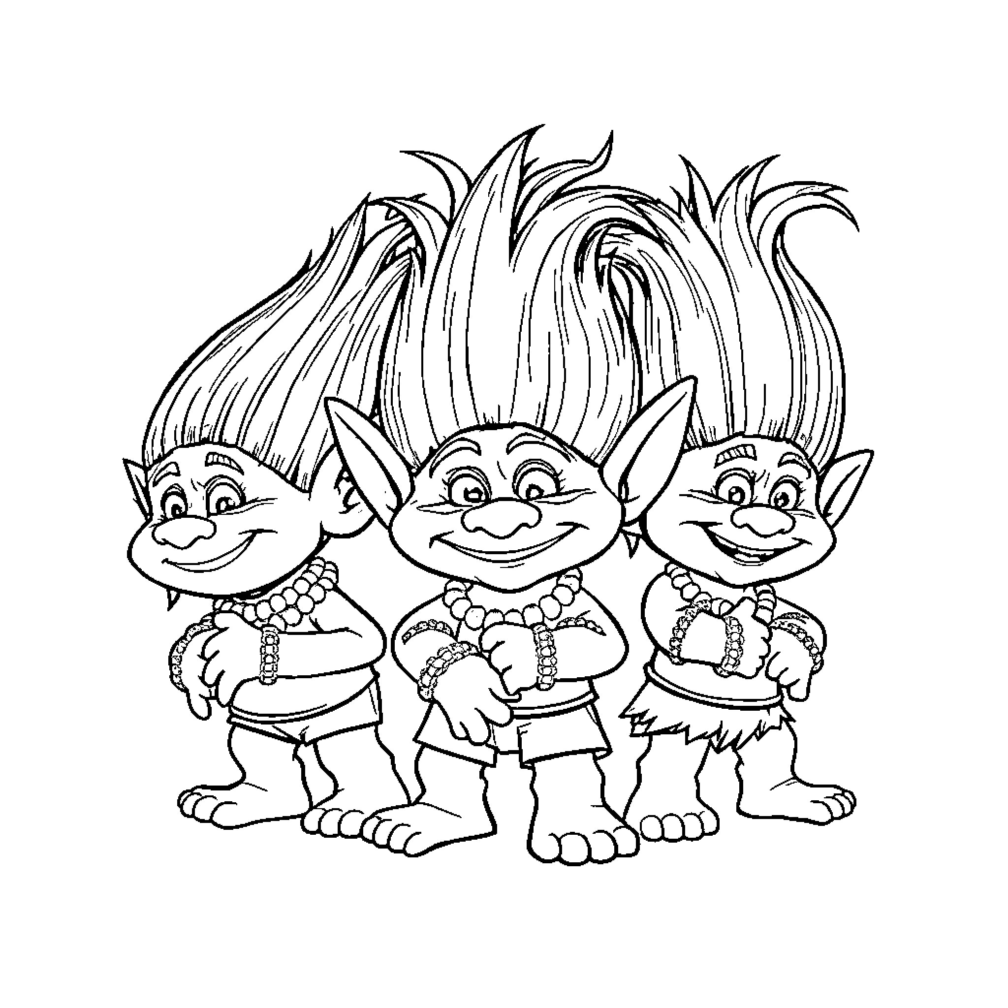Troll characters with amusing outfits and expressions Coloring Page (free black-and-white line drawing printable PDF for all, from beginners to advanced learners, including children, teens, adults, and seniors)
