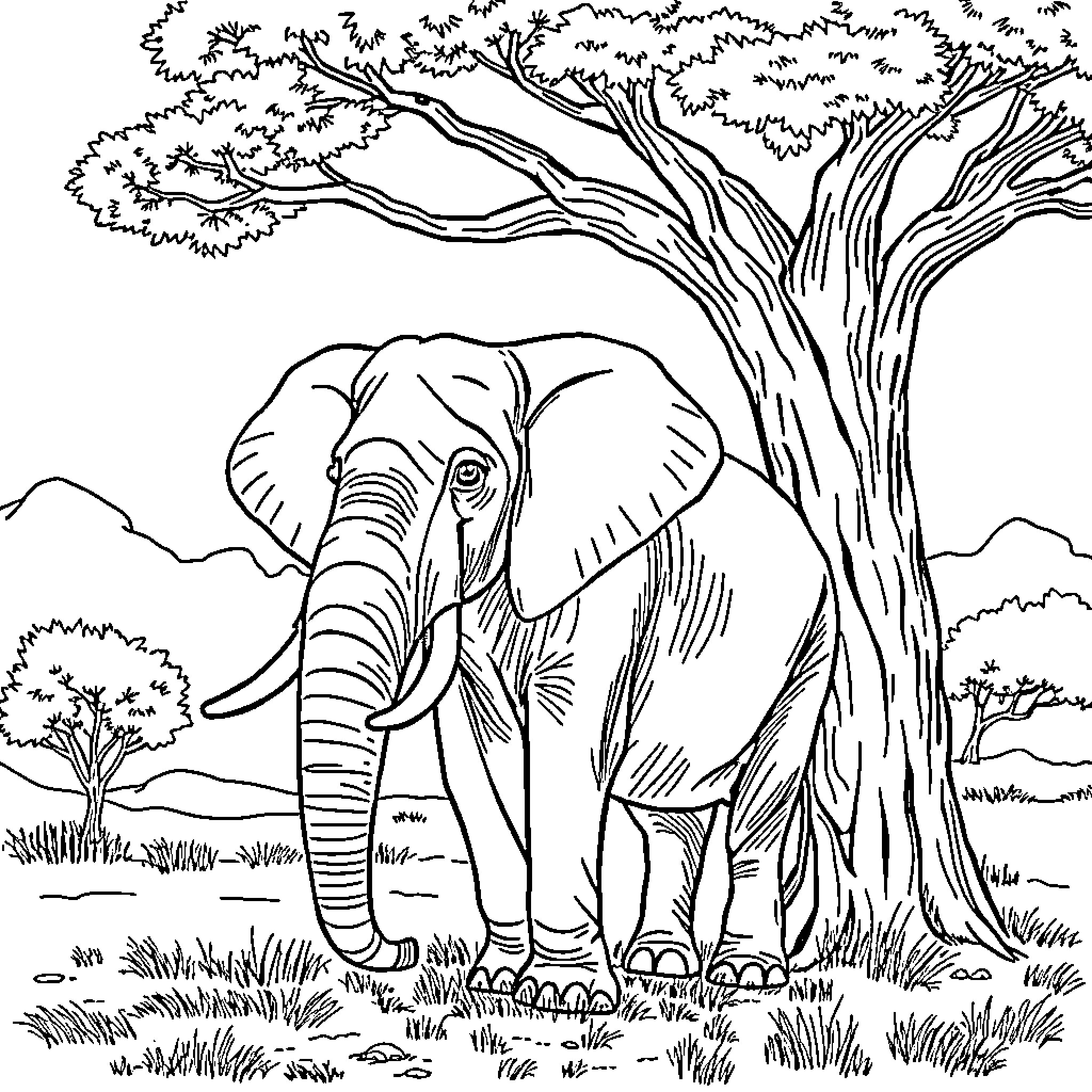 Elephant standing majestic in the wilderness Coloring Page (free black-and-white line drawing printable PDF for all, from beginners to advanced learners, including children, teens, adults, and seniors)