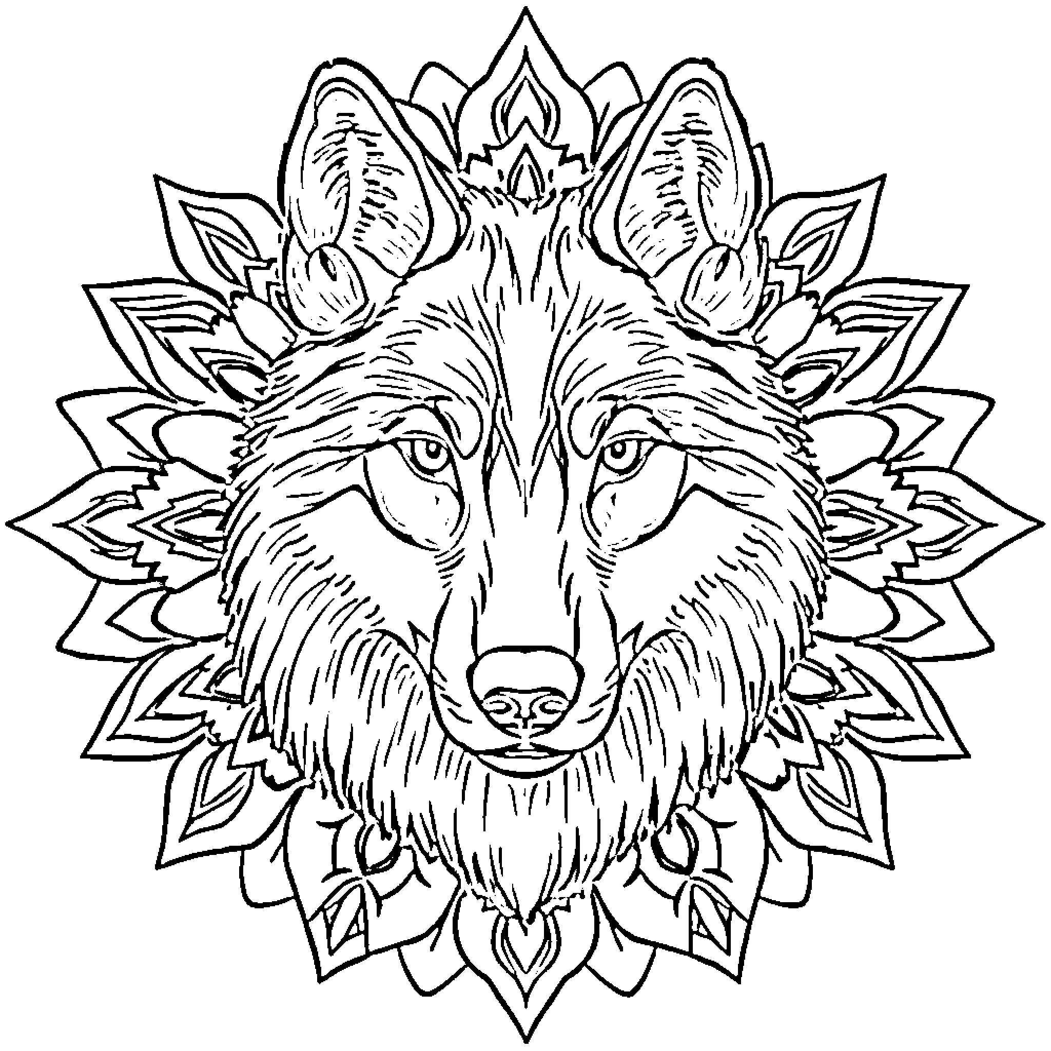 Wolf with Ornamental Design Coloring Page (free black-and-white line drawing printable PDF for all, from beginners to advanced learners, including children, teens, adults, and seniors)