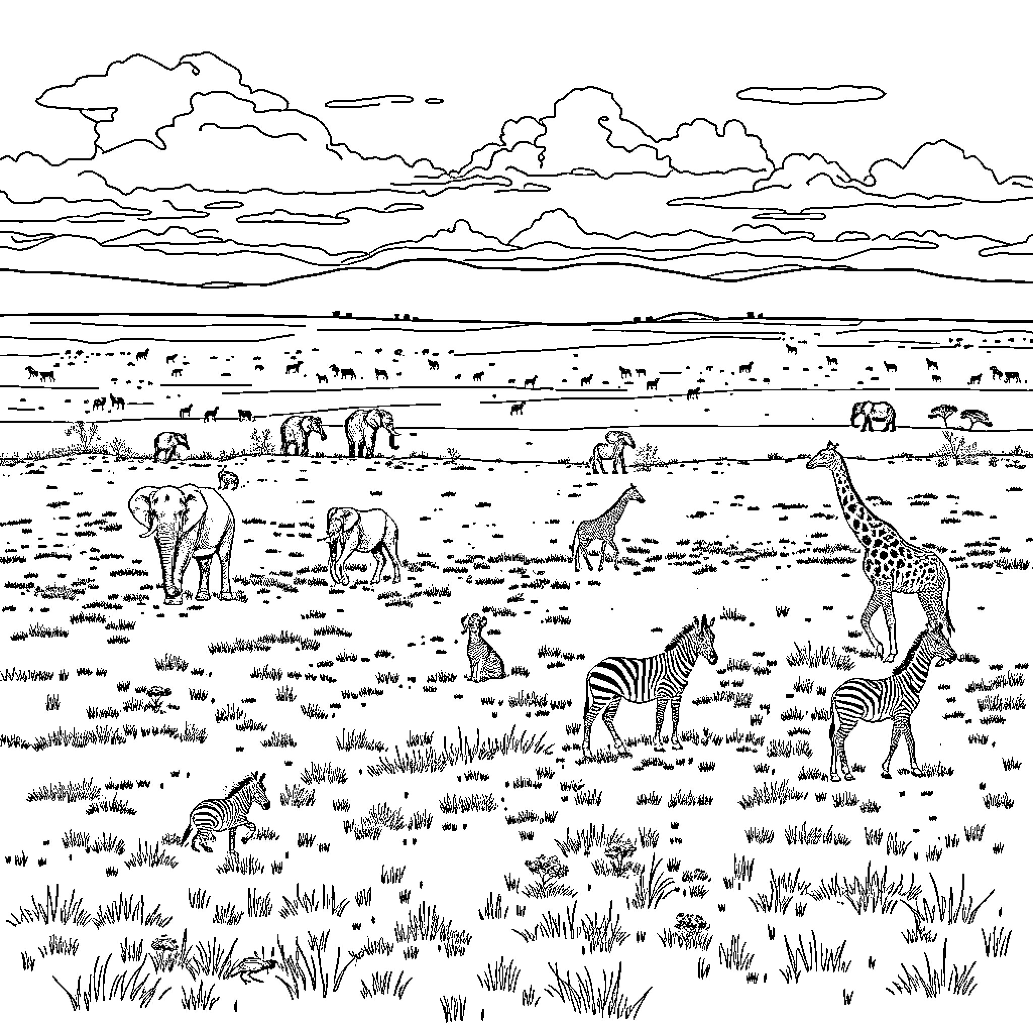 Wildlife scene with variety of animals in grassland Coloring Page (free black-and-white line drawing printable PDF for all, from beginners to advanced learners, including children, teens, adults, and seniors)