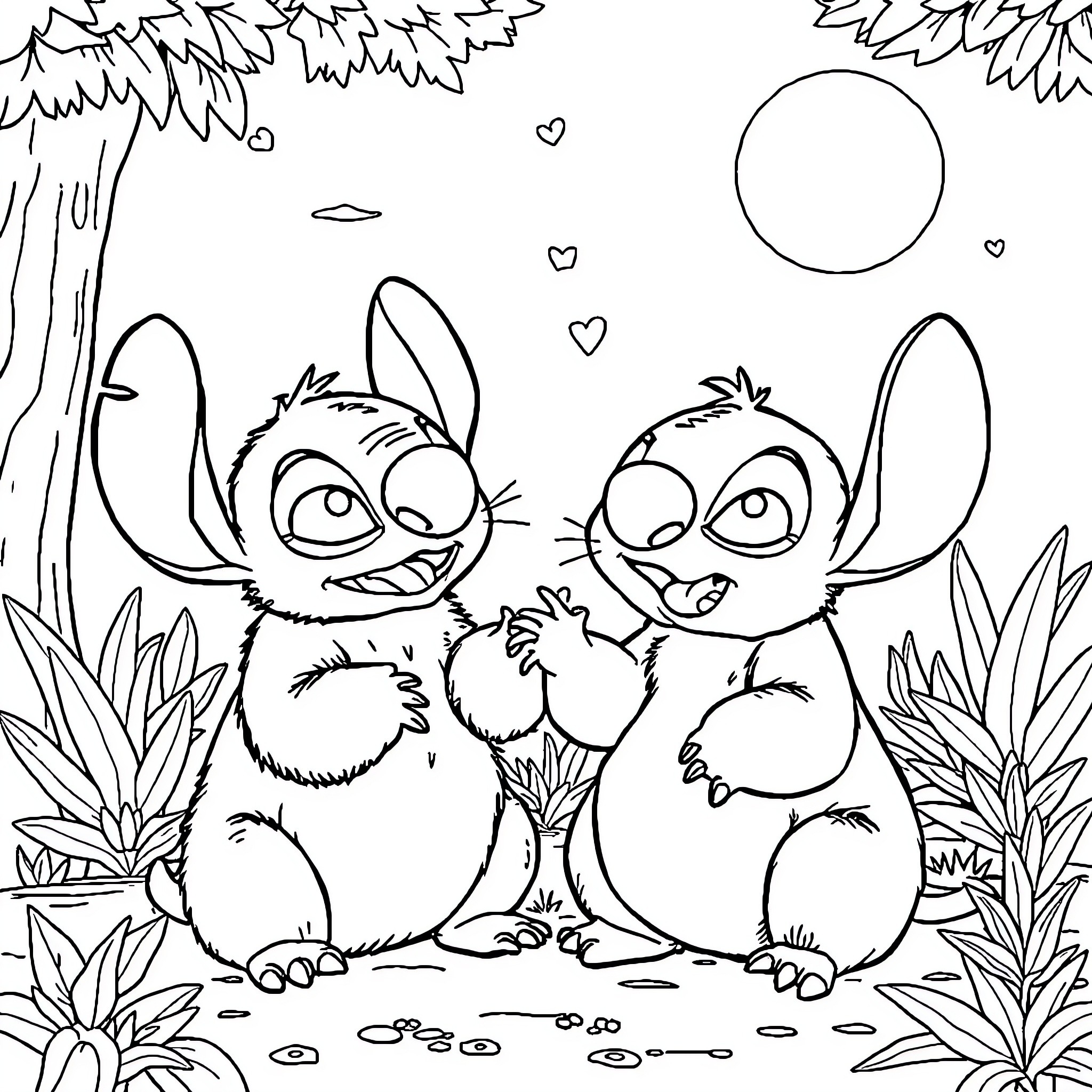 Stitch and Friends Explore the Enchanted Forest Coloring Page (free black-and-white line drawing printable PDF for all, from beginners to advanced learners, including children, teens, adults, and seniors)