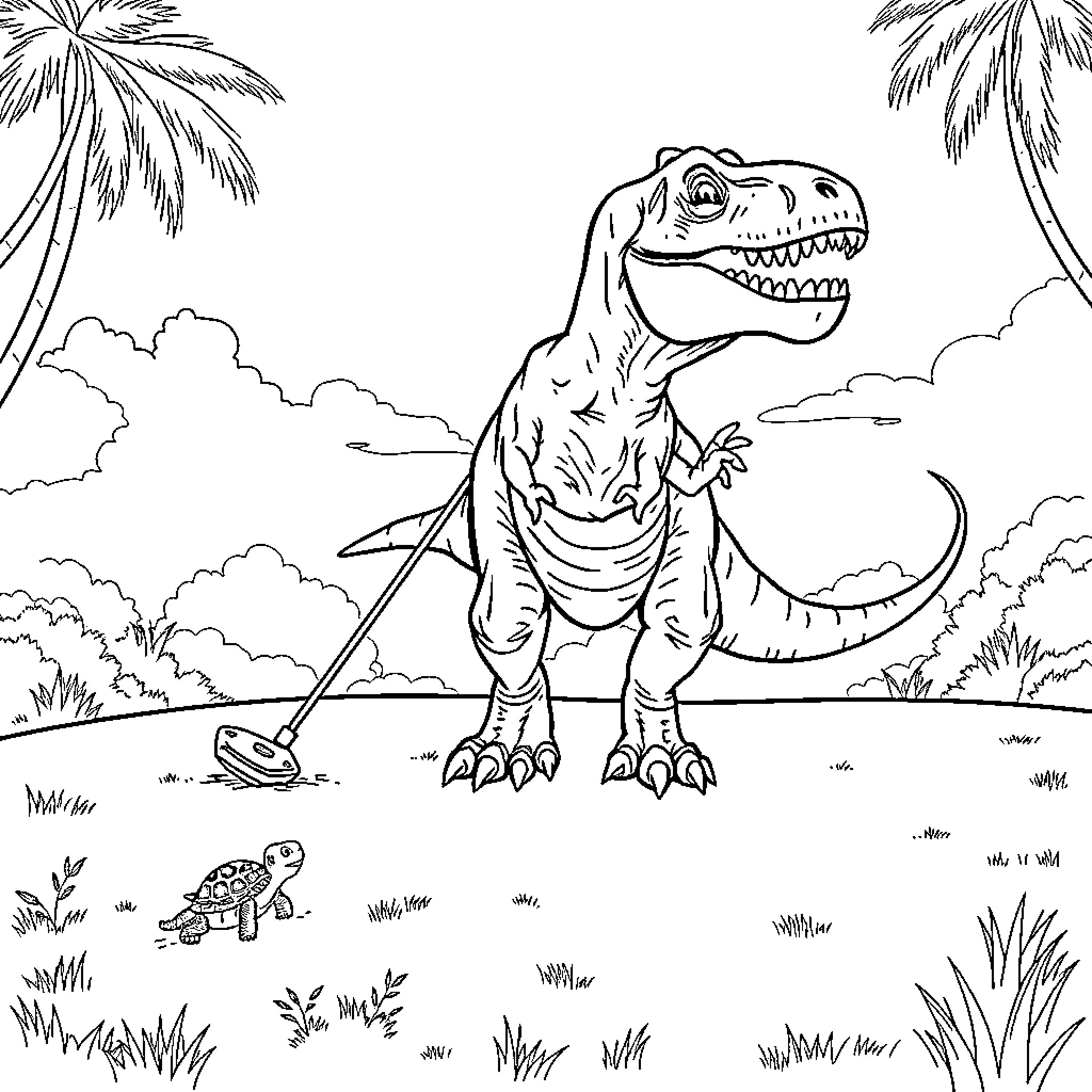 Tyrannosaurus Rex exploring a tropical landscape Coloring Page (free black-and-white line drawing printable PDF for all, from beginners to advanced learners, including children, teens, adults, and seniors)