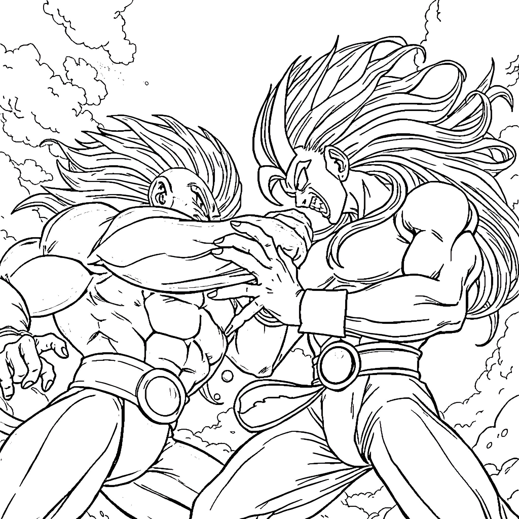 Frieza vs. Goku: Intense Battle on the Battlefield Coloring Page (free black-and-white line drawing printable PDF for all, from beginners to advanced learners, including children, teens, adults, and seniors)