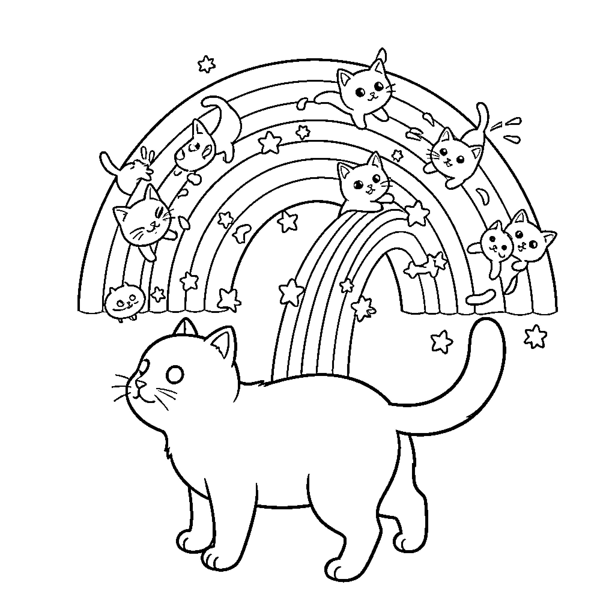 Cat Playing with Whimsical Stars and Rainbows Coloring Page (free black-and-white line drawing printable PDF for all, from beginners to advanced learners, including children, teens, adults, and seniors)