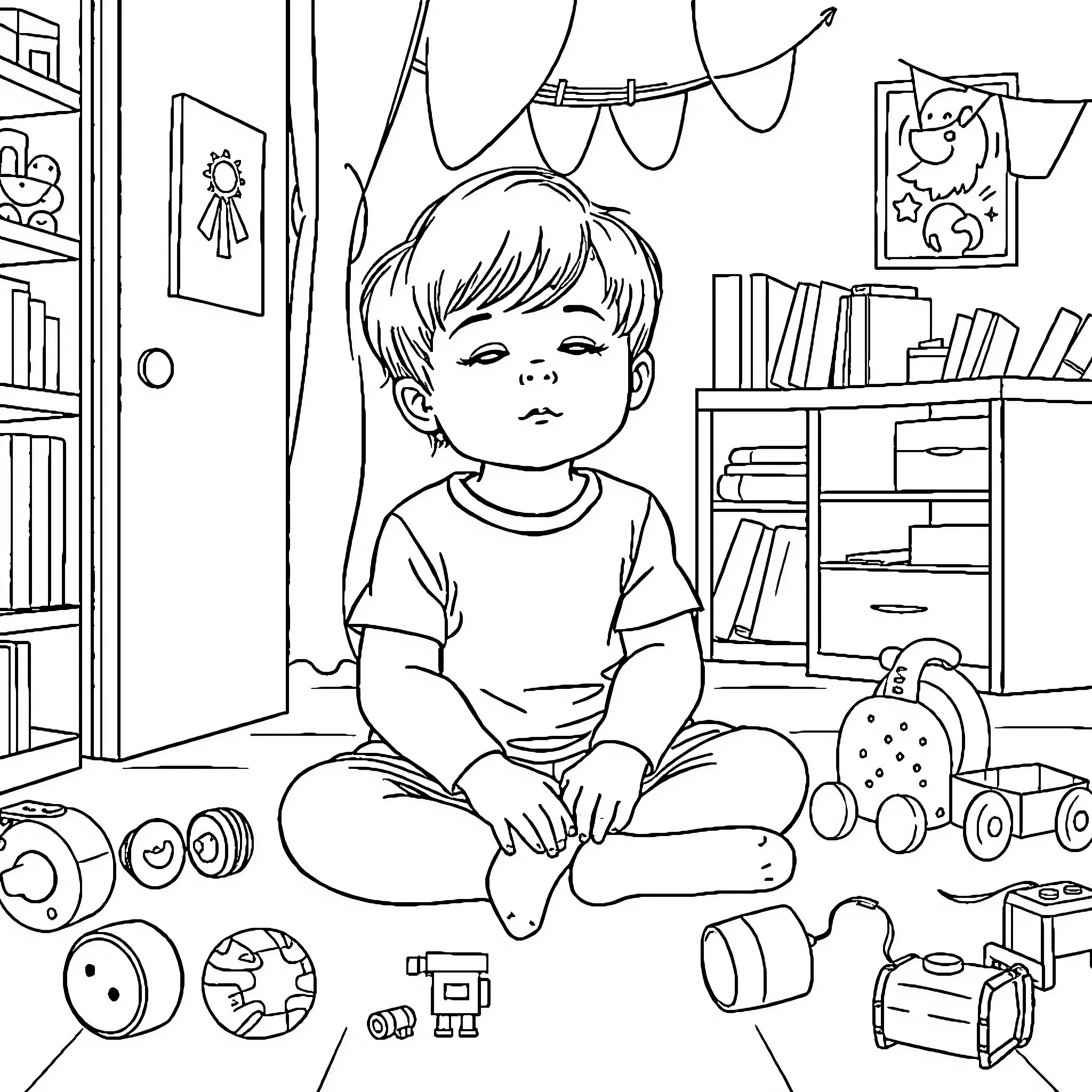 Child sitting on floor with toys in room Coloring Page (free black-and-white line drawing printable PDF for all, from beginners to advanced learners, including children, teens, adults, and seniors)