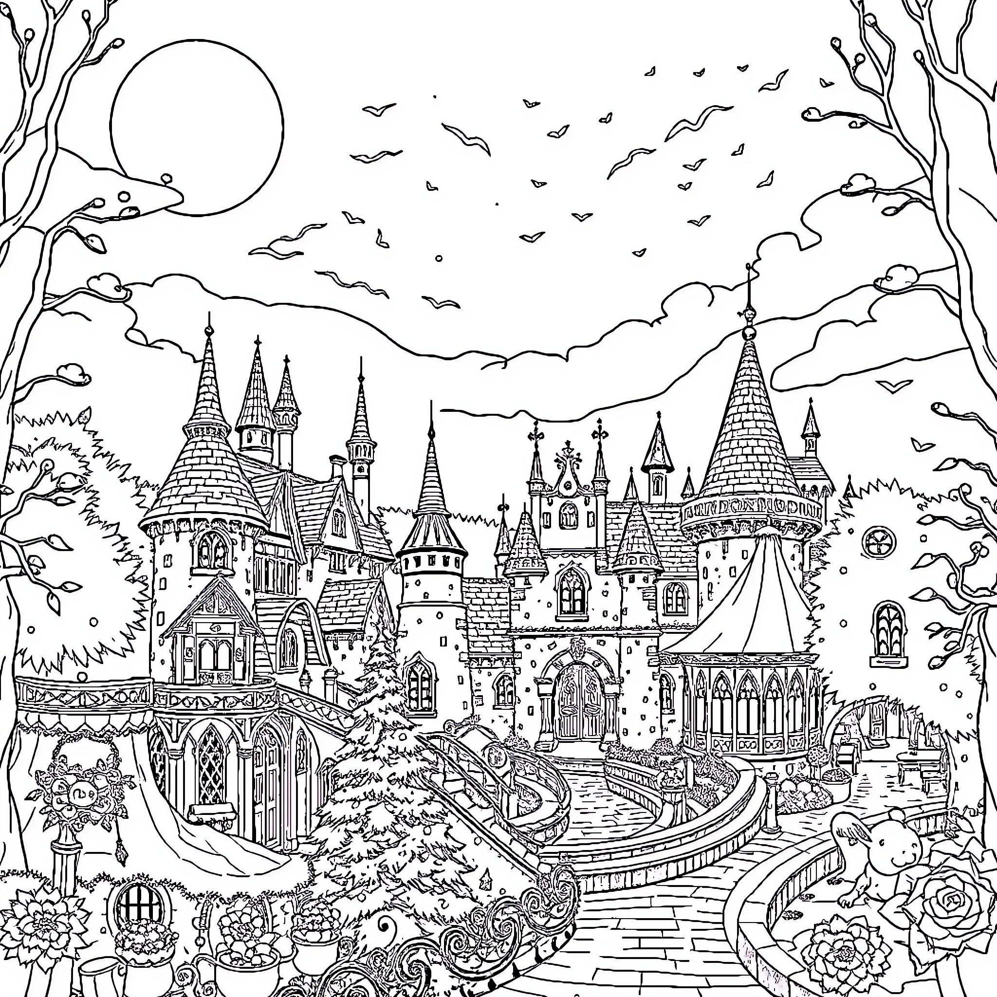 Efteling: Whimsical Fantasy Castle Town in the Moonlight Coloring Page (free black-and-white line drawing printable PDF for all, from beginners to advanced learners, including children, teens, adults, and seniors)