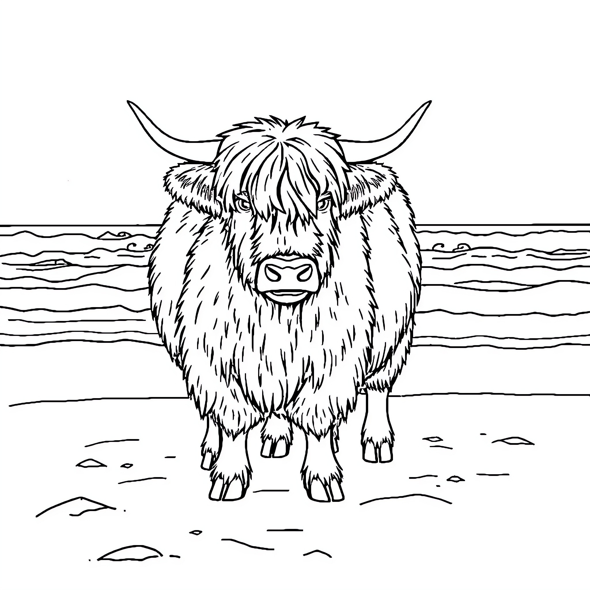 Highland Cow standing in tranquil landscape Coloring Page (free black-and-white line drawing printable PDF for all, from beginners to advanced learners, including children, teens, adults, and seniors)