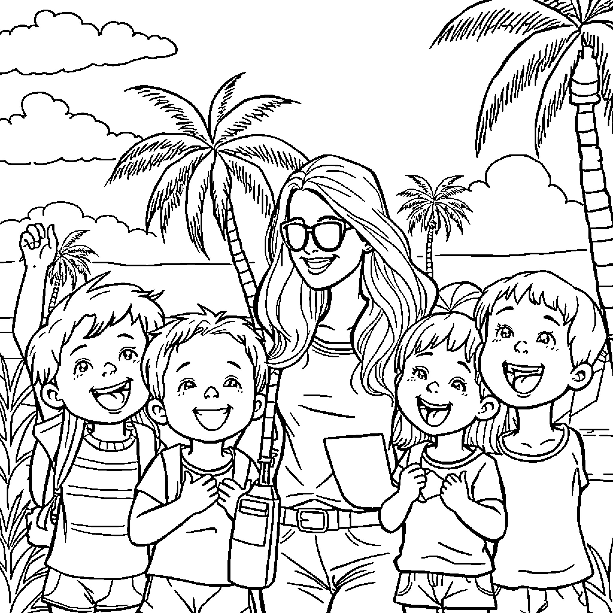 Teacher and students enjoying a tropical vacation Coloring Page (free black-and-white line drawing printable PDF for all, from beginners to advanced learners, including children, teens, adults, and seniors)