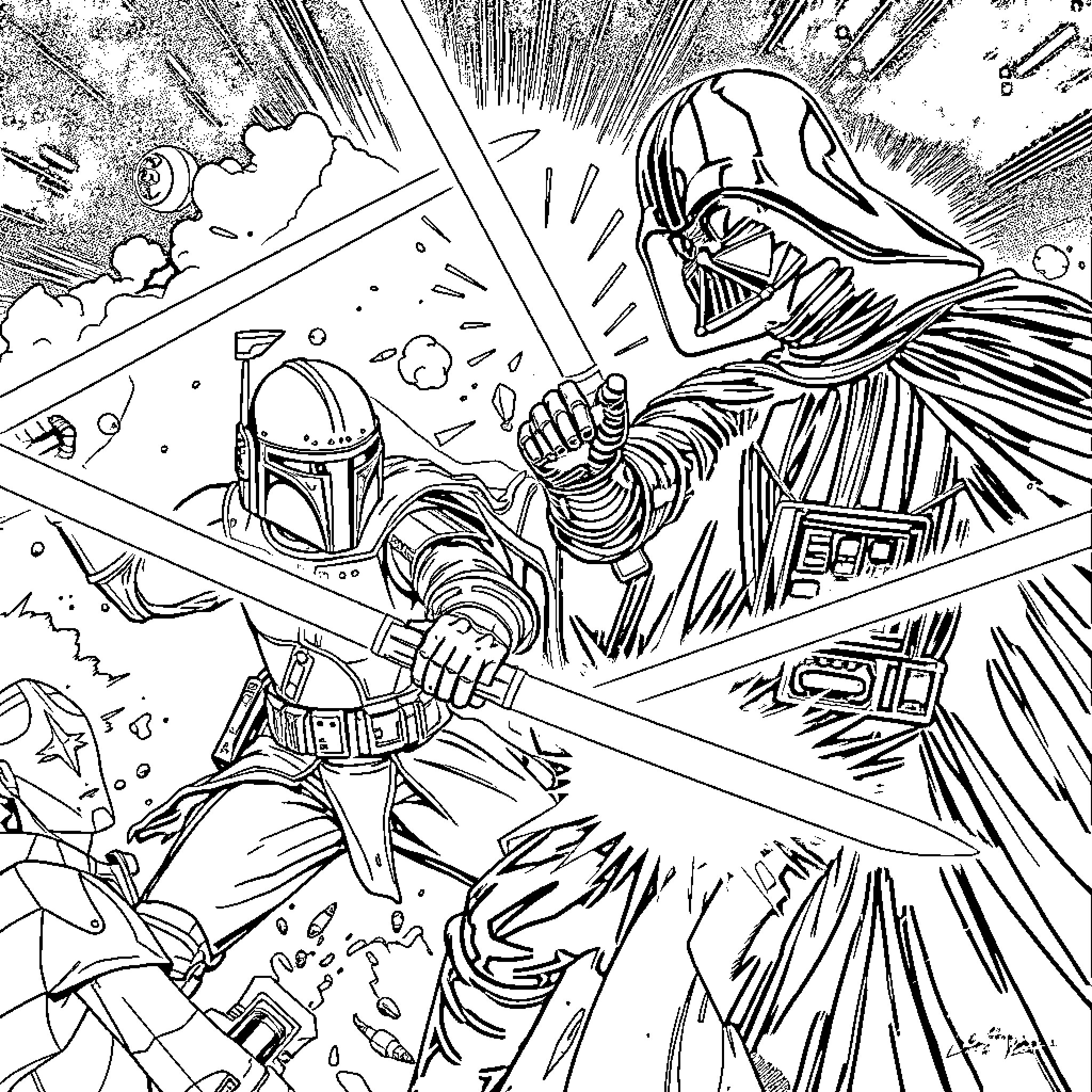 Boba Fett's Confrontation with Darth Vader in the Star Wars Universe Coloring Page (free black-and-white line drawing printable PDF for all, from beginners to advanced learners, including children, teens, adults, and seniors)