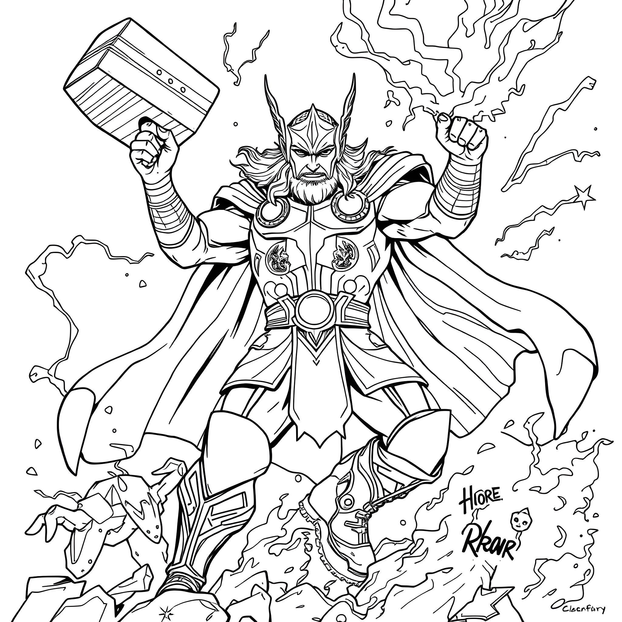 Amalgamation of Thunderous Heroic Might Coloring Page (free black-and-white line drawing printable PDF for all, from beginners to advanced learners, including children, teens, adults, and seniors)
