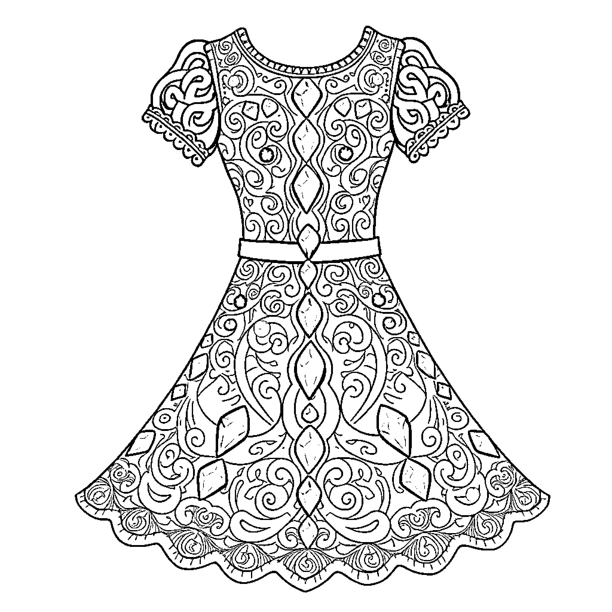 Dance Dress with Intricate Floral Patterns Coloring Page (free black-and-white line drawing printable PDF for all, from beginners to advanced learners, including children, teens, adults, and seniors)