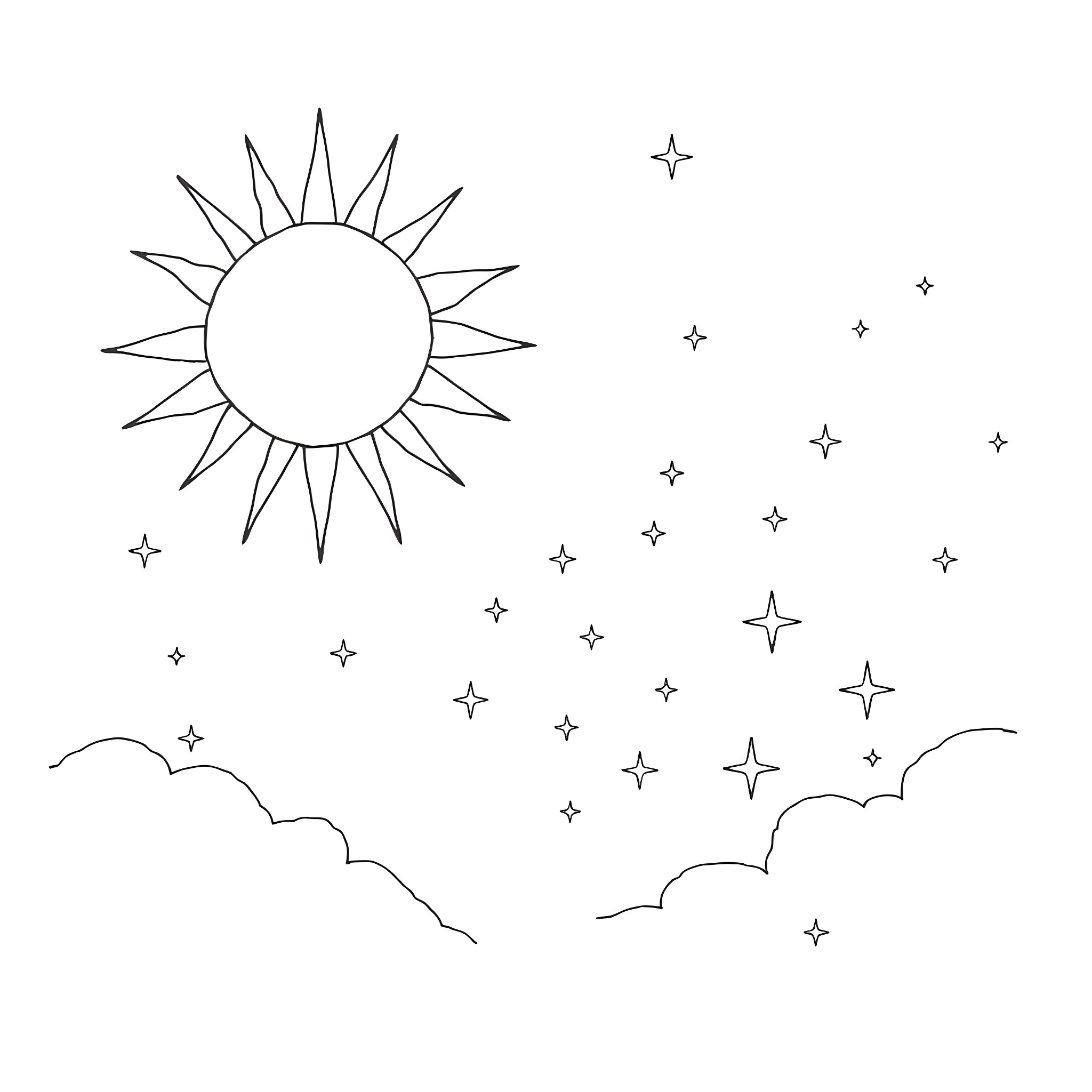 Sun Moon Star Celestial Landscape Coloring Page (free black-and-white line drawing printable PDF for all, from beginners to advanced learners, including children, teens, adults, and seniors)