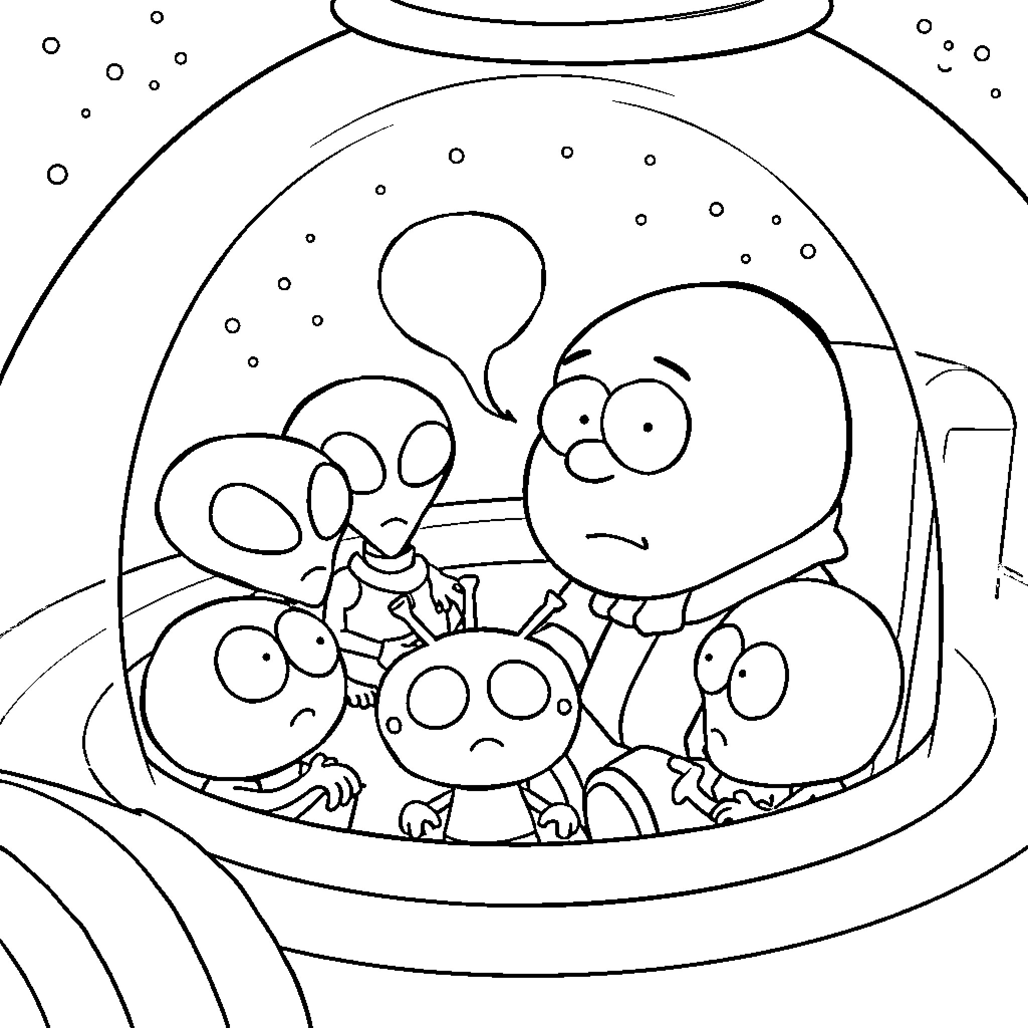 Cartman and friends in a peculiar spacecraft Coloring Page (free black-and-white line drawing printable PDF for all, from beginners to advanced learners, including children, teens, adults, and seniors)