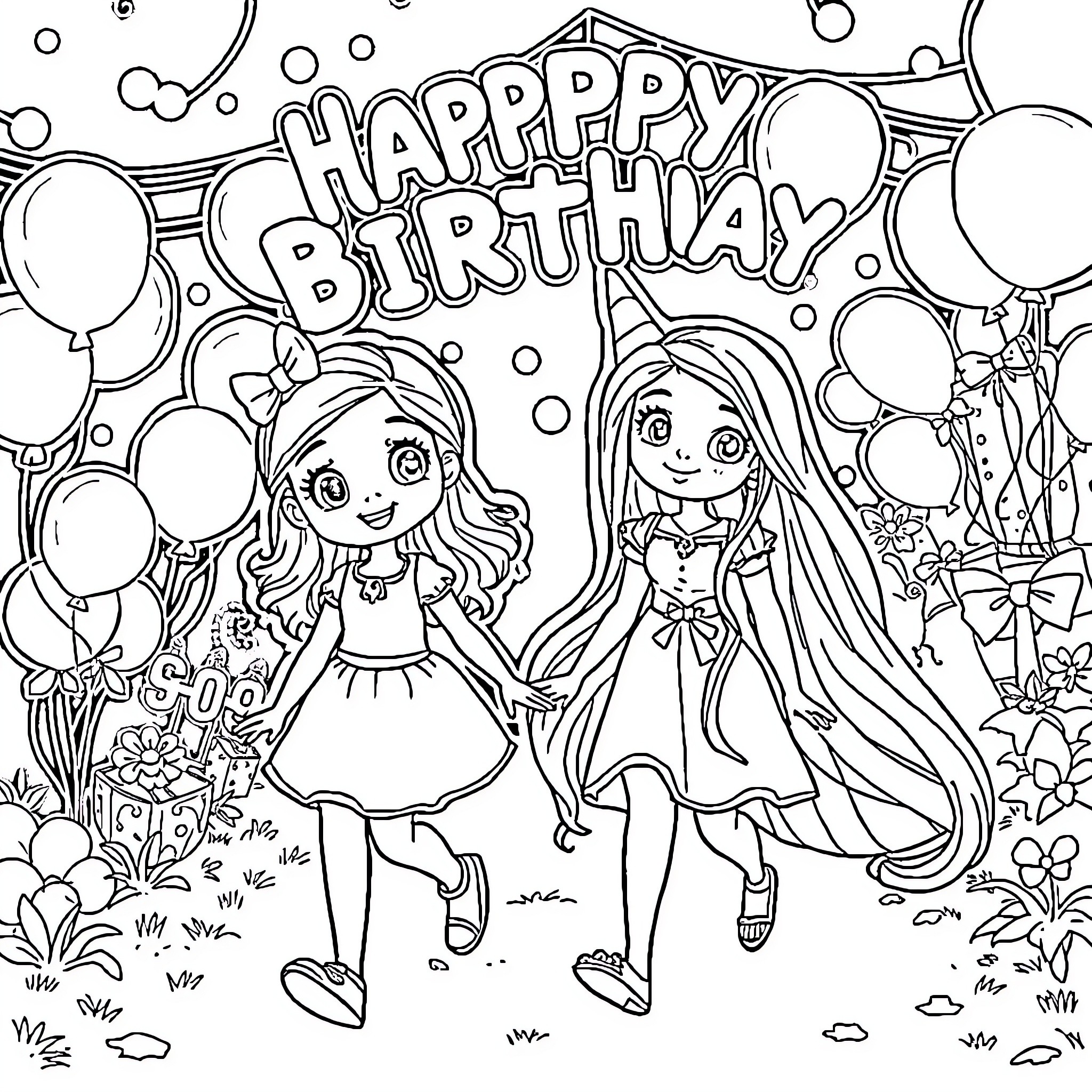 Gabby's Happy Birthday with Balloons and Flowers Coloring Page (free black-and-white line drawing printable PDF for all, from beginners to advanced learners, including children, teens, adults, and seniors)