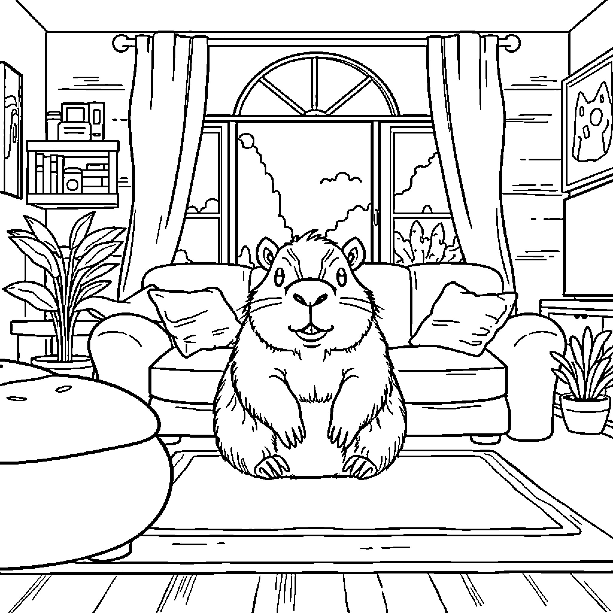 Capybara relaxing in a cozy home interior Coloring Page (free black-and-white line drawing printable PDF for all, from beginners to advanced learners, including children, teens, adults, and seniors)
