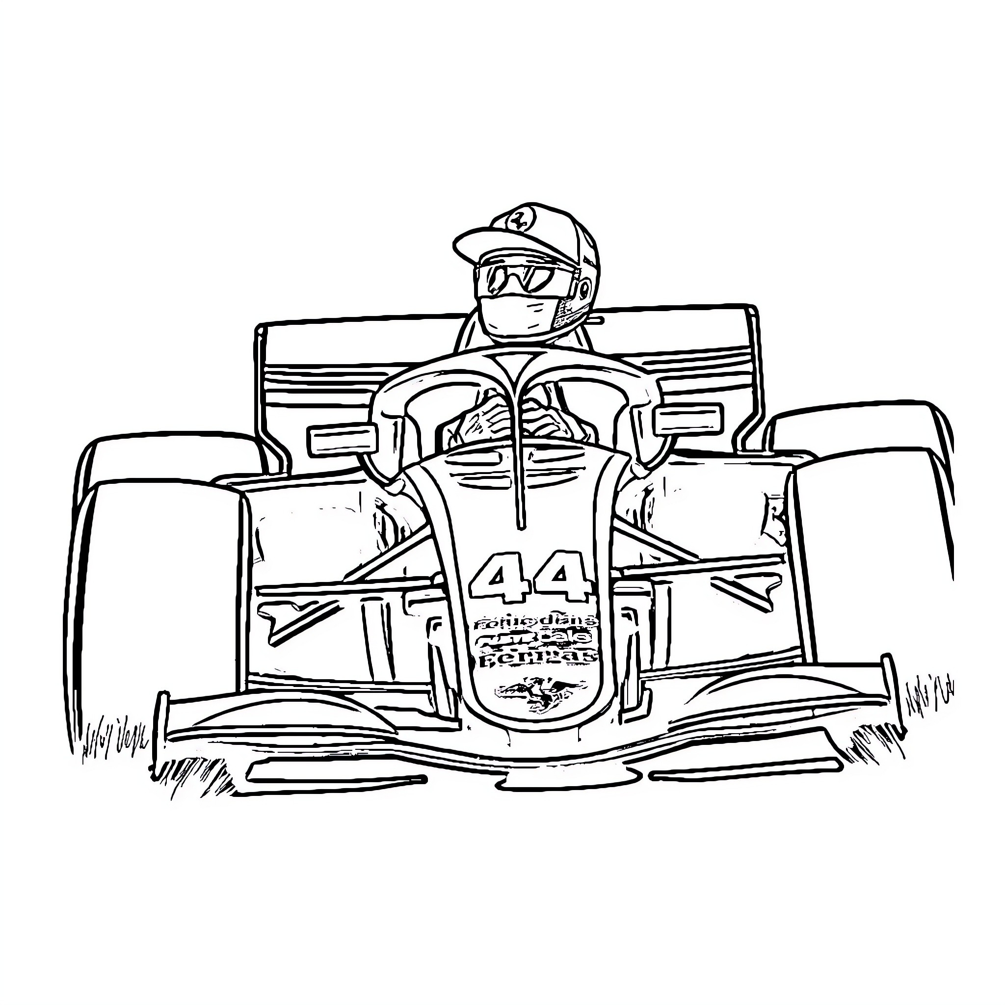 Formula 1 Driver in Race Car Coloring Page (free black-and-white line drawing printable PDF for all, from beginners to advanced learners, including children, teens, adults, and seniors)