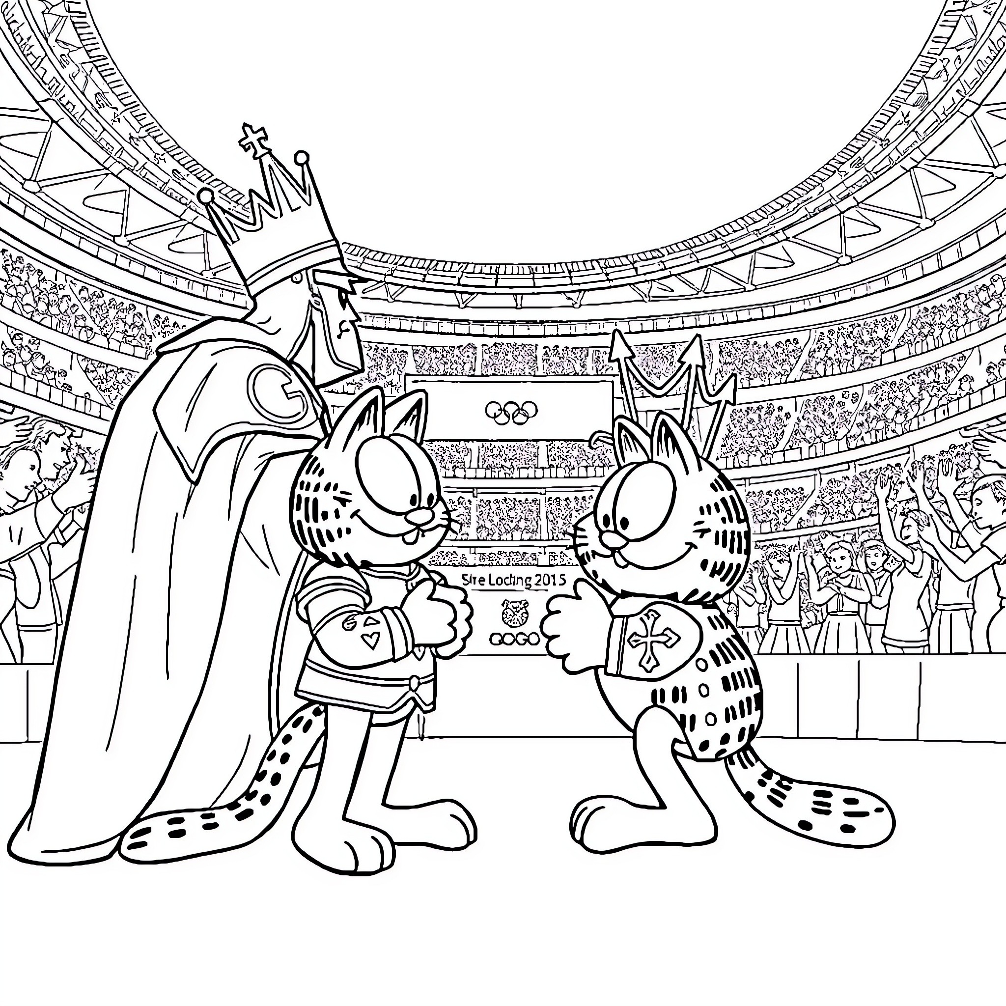 Labubu's Imaginative Olympic Event in Stadium Coloring Page (free black-and-white line drawing printable PDF for all, from beginners to advanced learners, including children, teens, adults, and seniors)