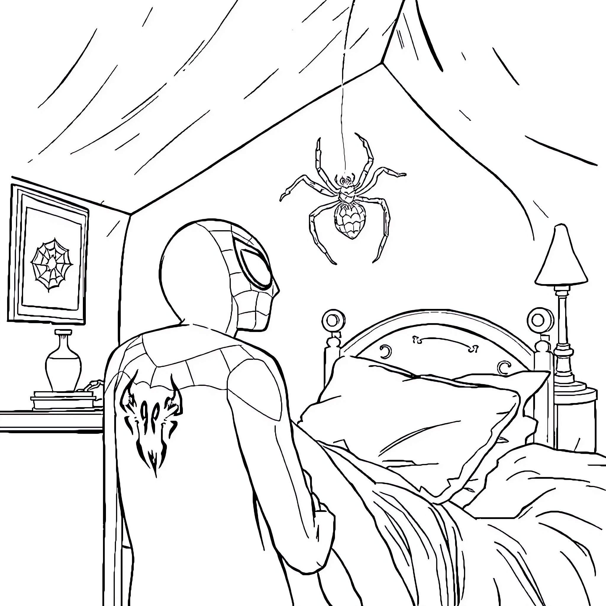 Peter Parker's Spider-Sense Tingling in the Bedroom Coloring Page (free black-and-white line drawing printable PDF for all, from beginners to advanced learners, including children, teens, adults, and seniors)