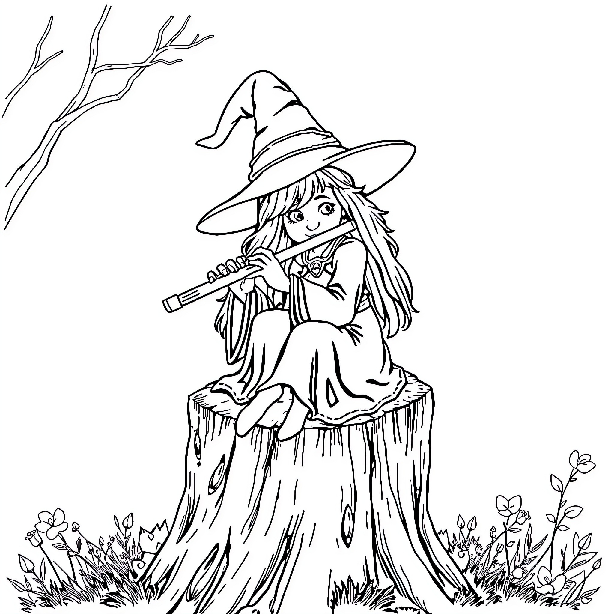 Witch casting a spell in the forest Coloring Page (free black-and-white line drawing printable PDF for all, from beginners to advanced learners, including children, teens, adults, and seniors)