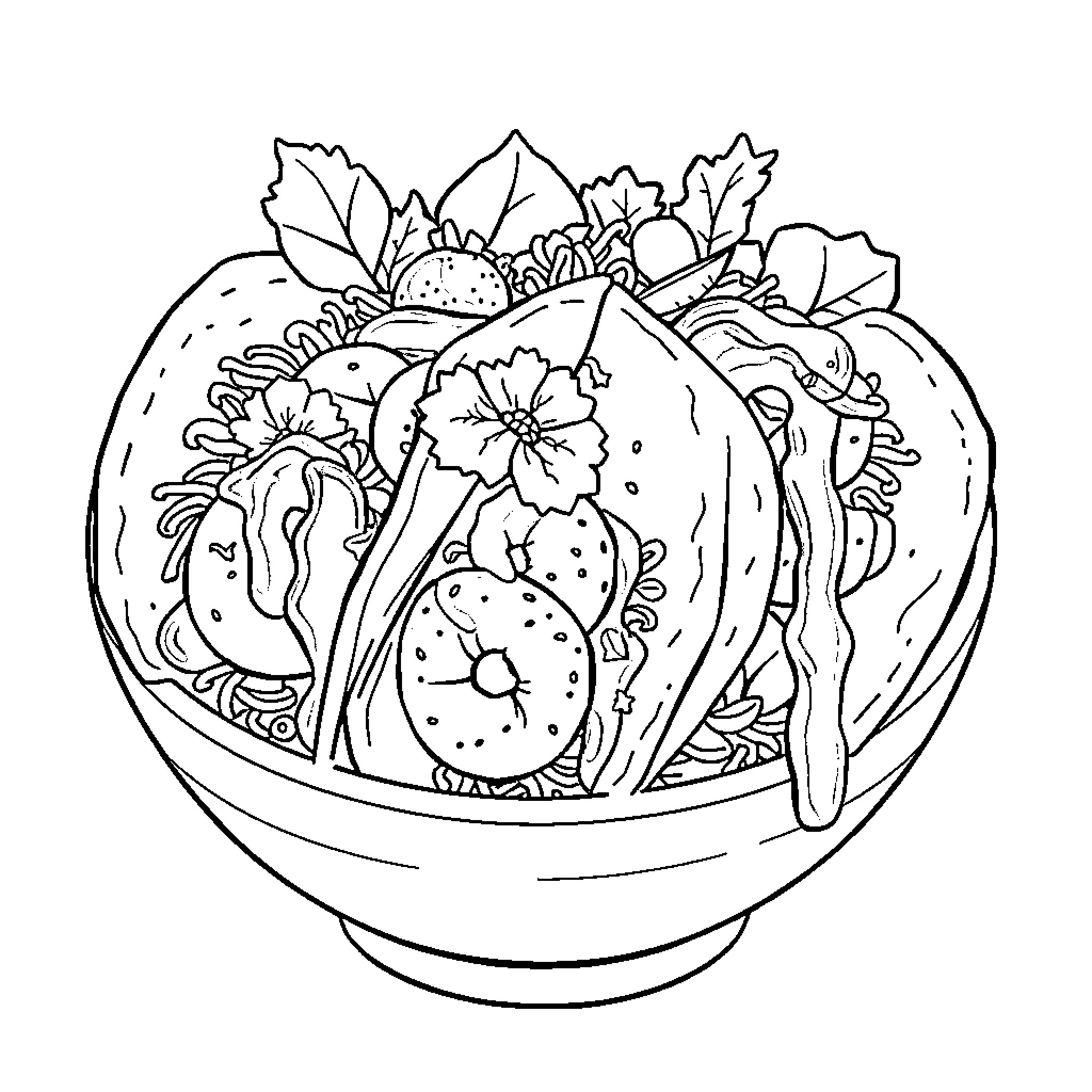 Shrimp Salad with Vibrant Garnishes Coloring Page (free black-and-white line drawing printable PDF for all, from beginners to advanced learners, including children, teens, adults, and seniors)