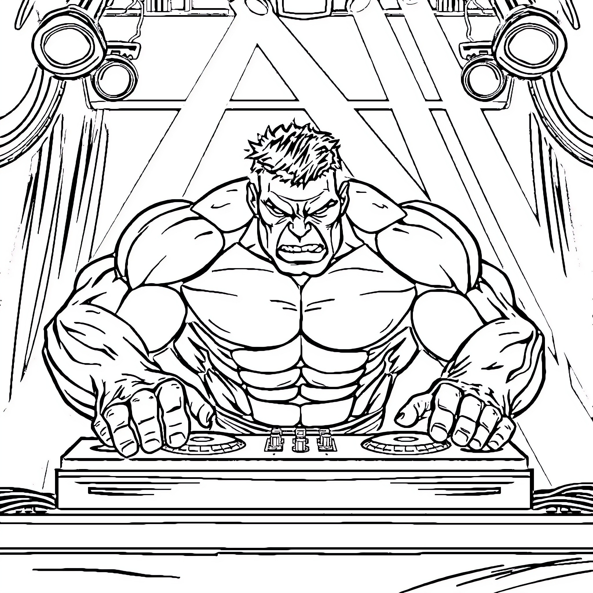 Hulk's Powerful Pose on Stage Coloring Page (free black-and-white line drawing printable PDF for all, from beginners to advanced learners, including children, teens, adults, and seniors)