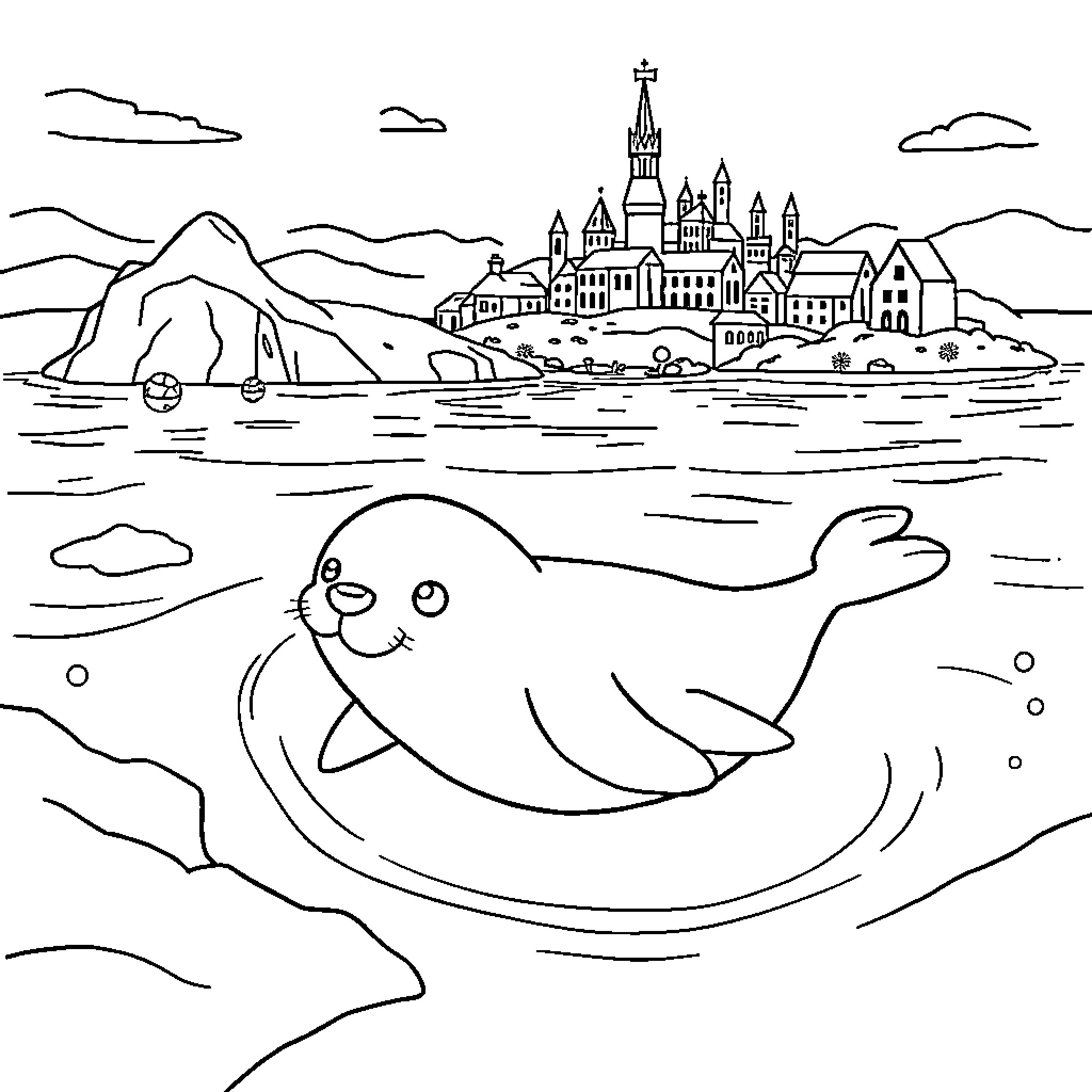 Seal playing happily in a coastal town Coloring Page (free black-and-white line drawing printable PDF for all, from beginners to advanced learners, including children, teens, adults, and seniors)