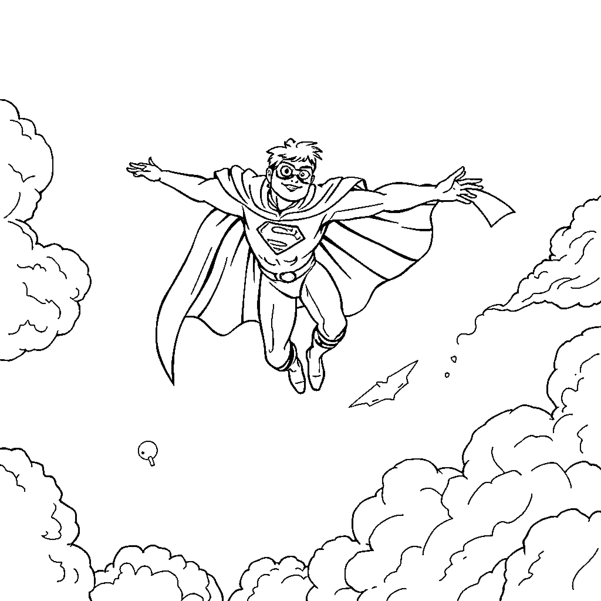 Superhero soaring through the clouds Coloring Page (free black-and-white line drawing printable PDF for all, from beginners to advanced learners, including children, teens, adults, and seniors)