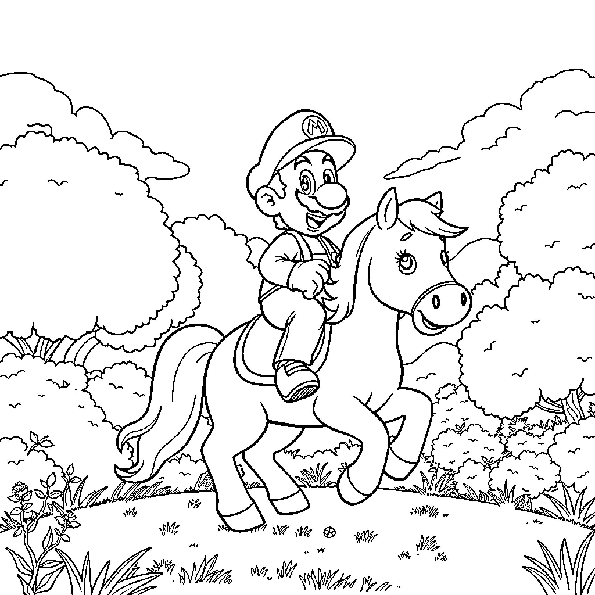 Mario riding a horse through a scenic landscape Coloring Page (free black-and-white line drawing printable PDF for all, from beginners to advanced learners, including children, teens, adults, and seniors)