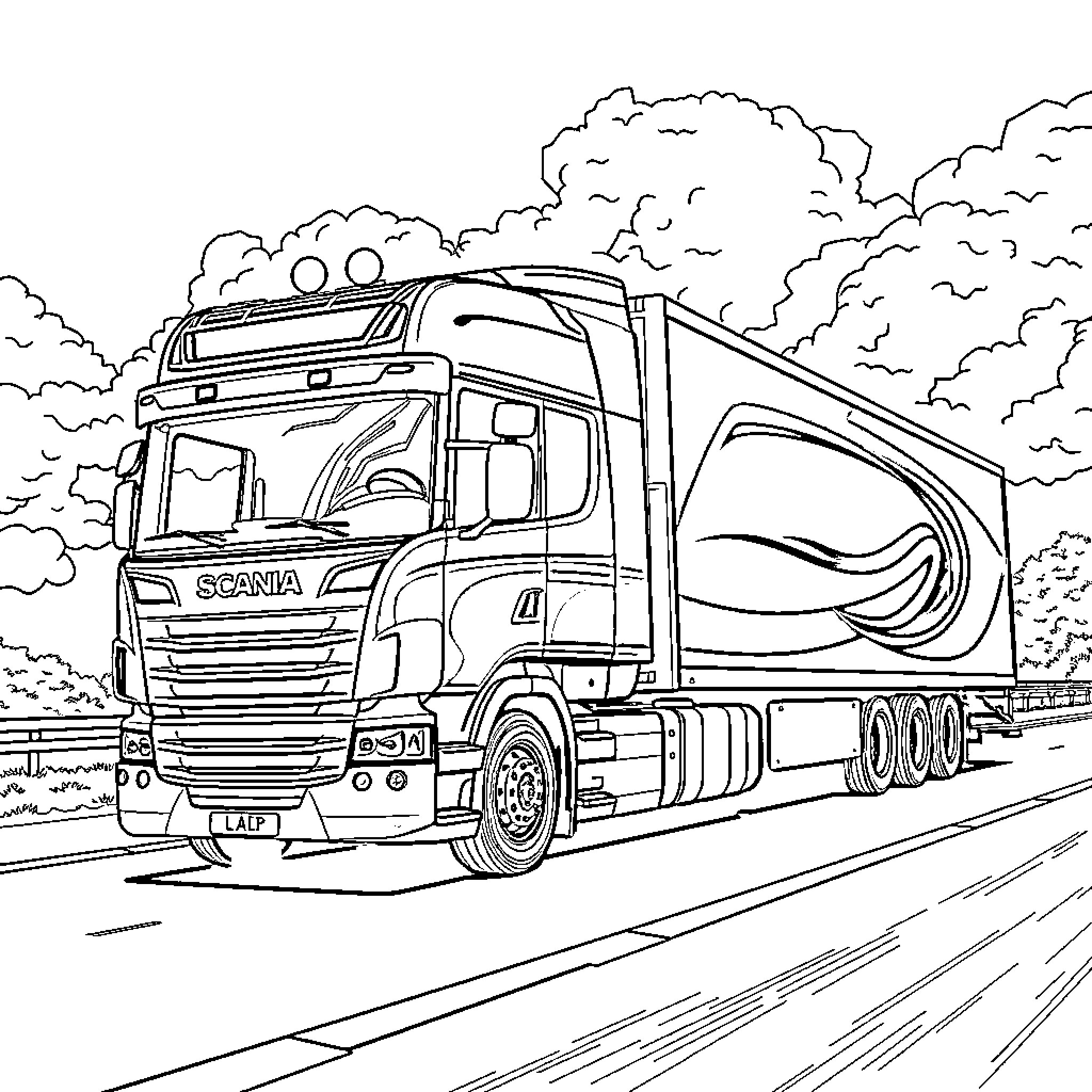 Scania Truck Transporting Cargo on the Highway Coloring Page (free black-and-white line drawing printable PDF for all, from beginners to advanced learners, including children, teens, adults, and seniors)
