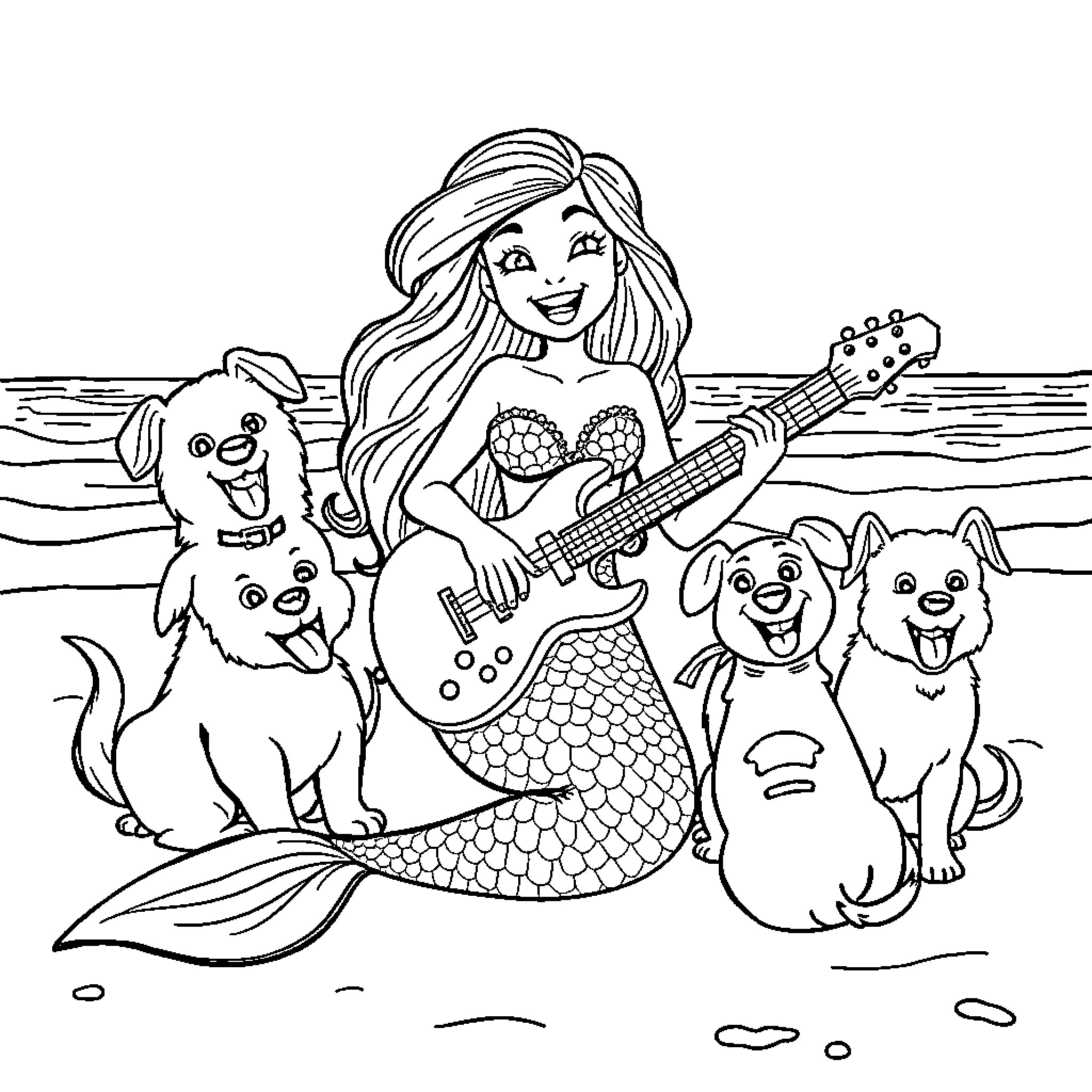 Mermaid playing guitar with adorable puppies Coloring Page (free black-and-white line drawing printable PDF for all, from beginners to advanced learners, including children, teens, adults, and seniors)