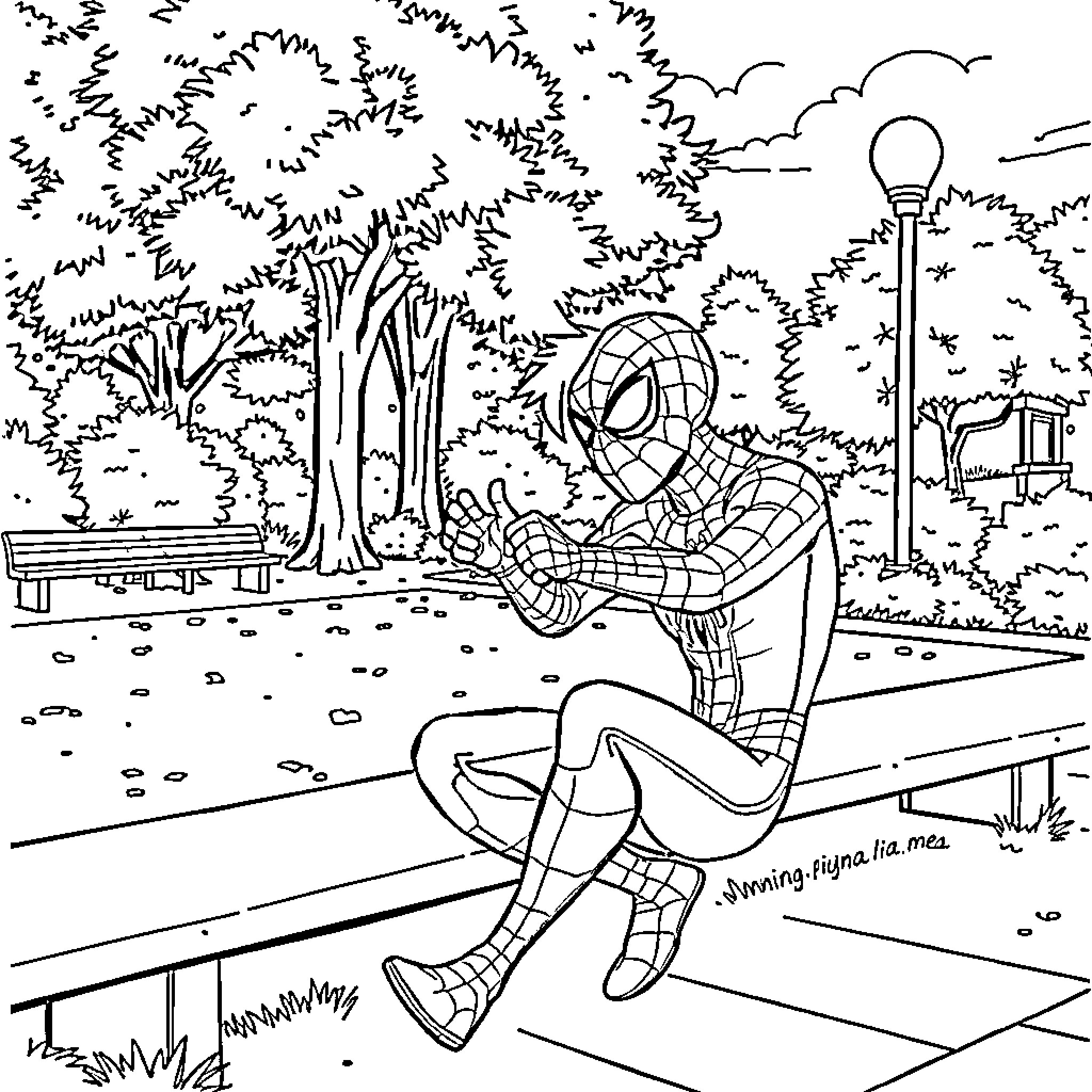 Spiderman relaxing in the park on a bench Coloring Page (free black-and-white line drawing printable PDF for all, from beginners to advanced learners, including children, teens, adults, and seniors)