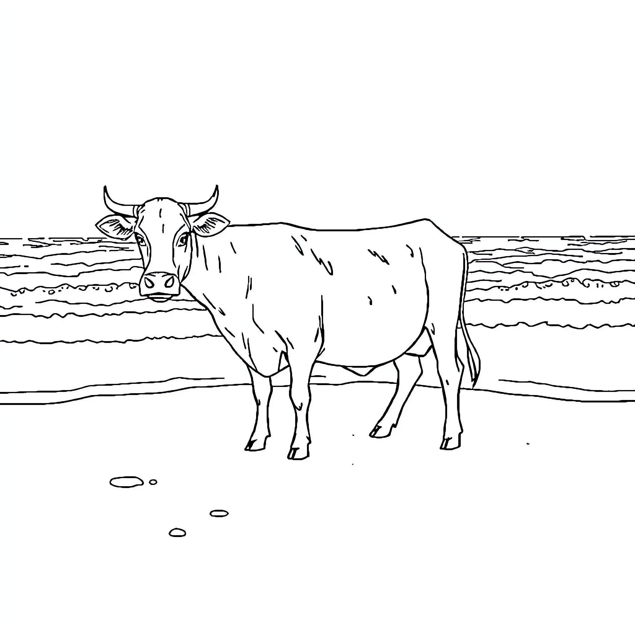 Cow standing calmly by the shore Coloring Page (free black-and-white line drawing printable PDF for all, from beginners to advanced learners, including children, teens, adults, and seniors)