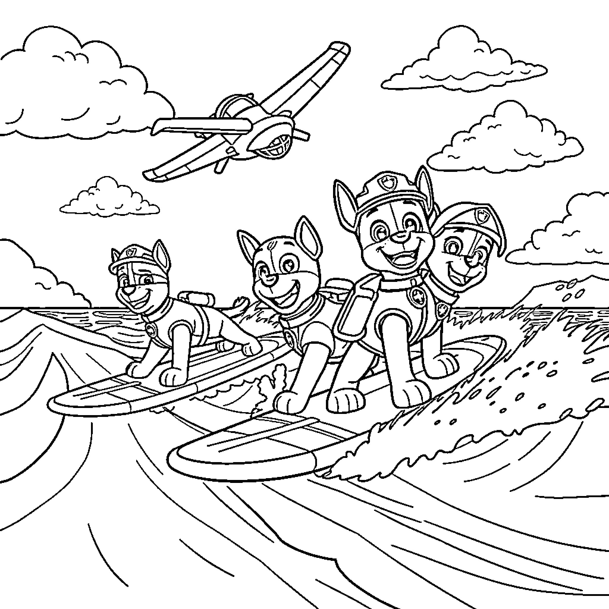 Dog Pups Surfing and Flying in the Sky Coloring Page (free black-and-white line drawing printable PDF for all, from beginners to advanced learners, including children, teens, adults, and seniors)