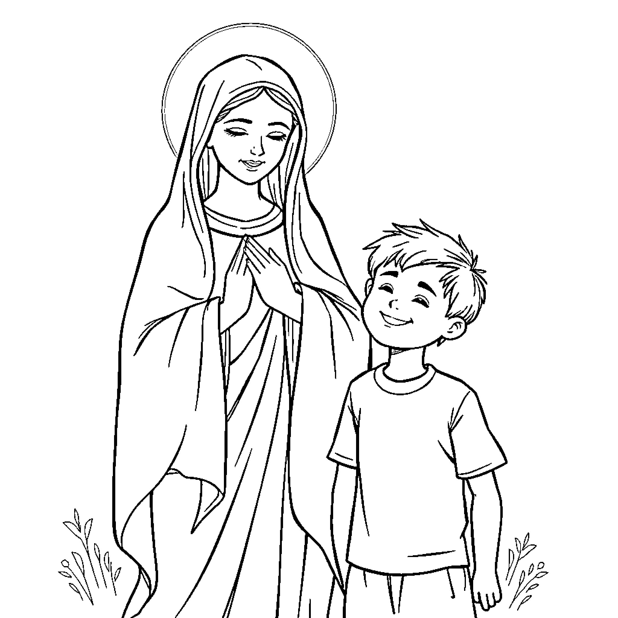 Virgin Mary guiding a young boy Coloring Page (free black-and-white line drawing printable PDF for all, from beginners to advanced learners, including children, teens, adults, and seniors)