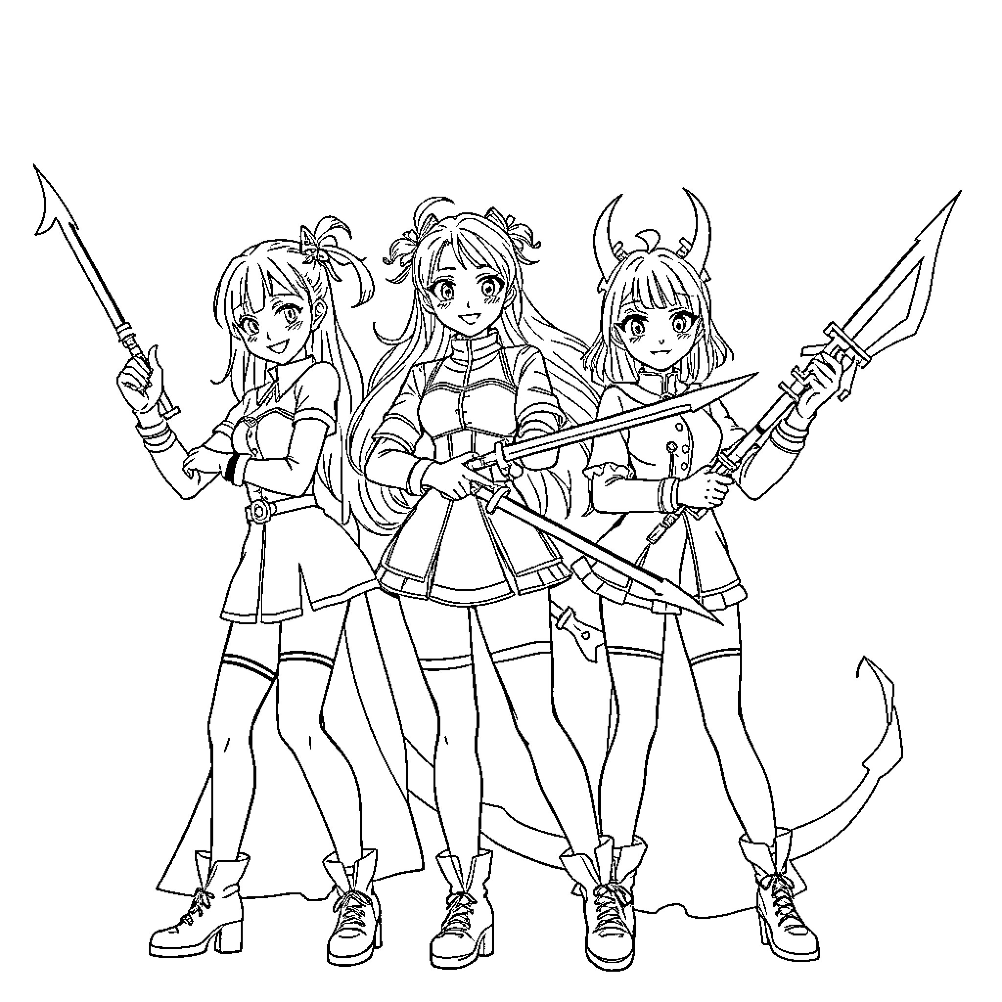 Singer group of young women in anime-style outfits Coloring Page (free black-and-white line drawing printable PDF for all, from beginners to advanced learners, including children, teens, adults, and seniors)