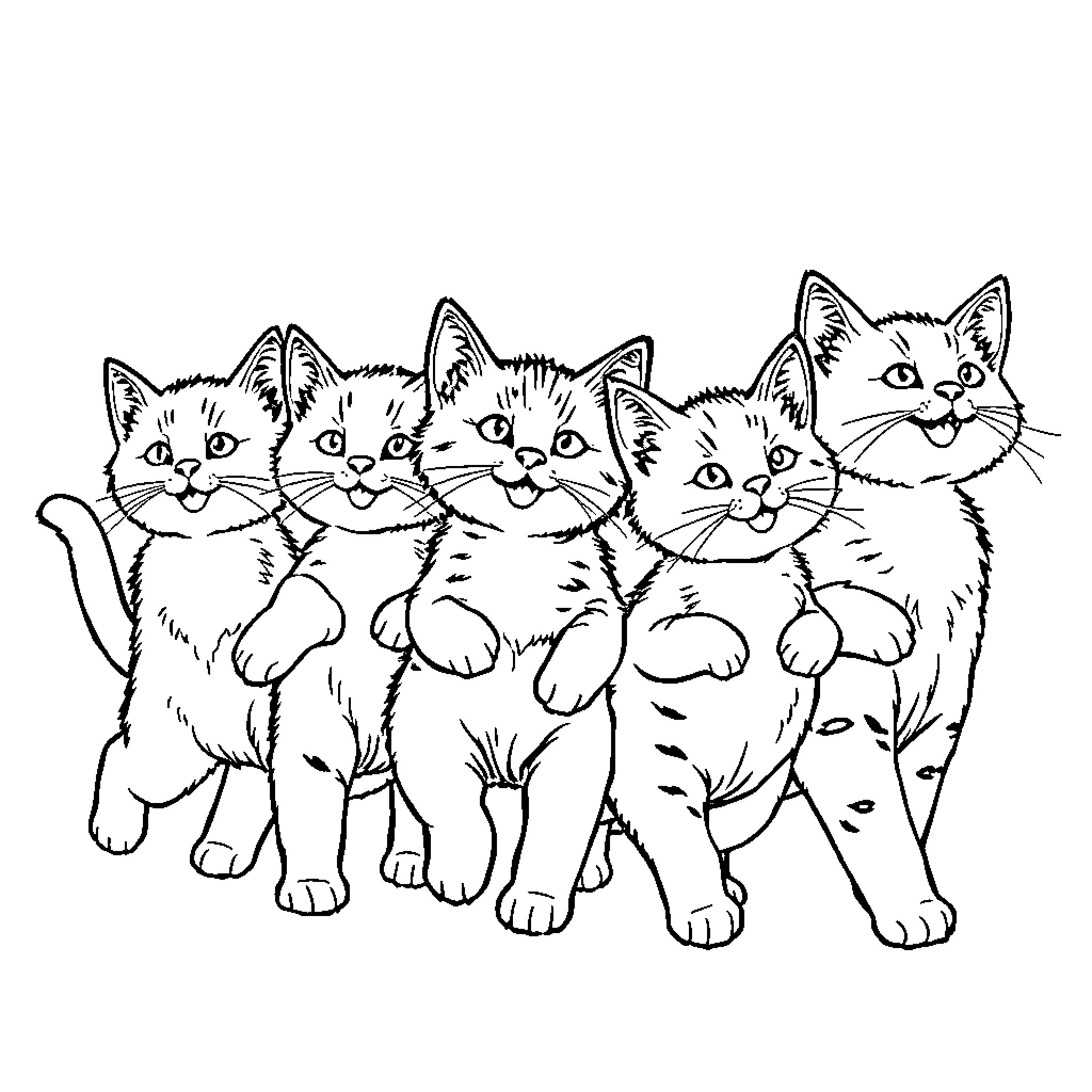 Cat litter of kittens playing together Coloring Page (free black-and-white line drawing printable PDF for all, from beginners to advanced learners, including children, teens, adults, and seniors)